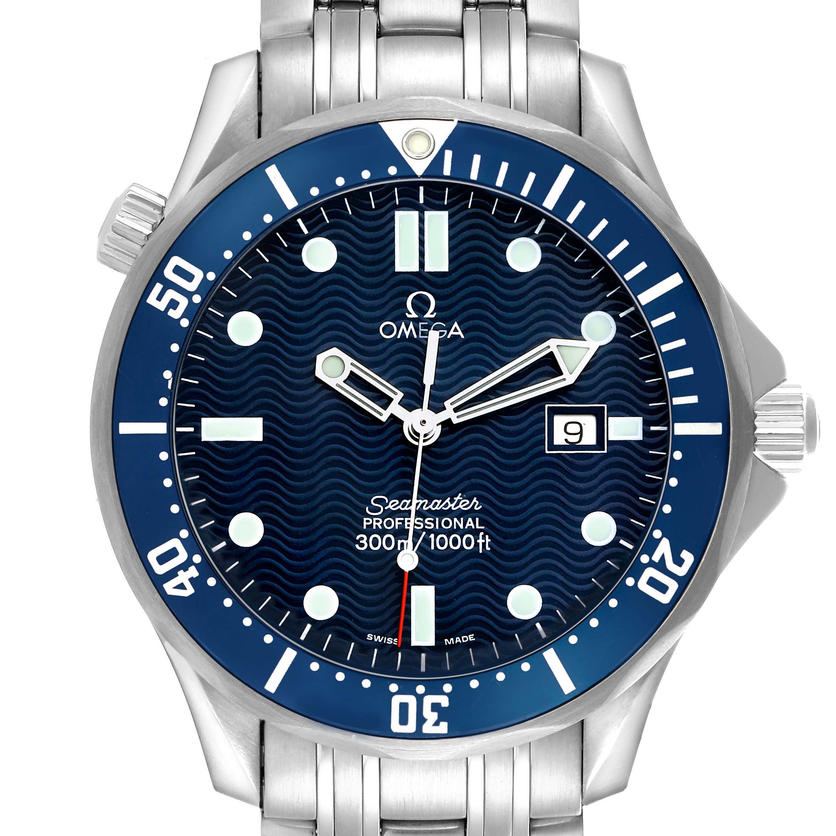 The Omega Seamaster 2541.80.00 Men's Stainless Steel Blue Dial watch is shown from a top-down angle, highlighting the face, bezel, and part of the bracelet.
