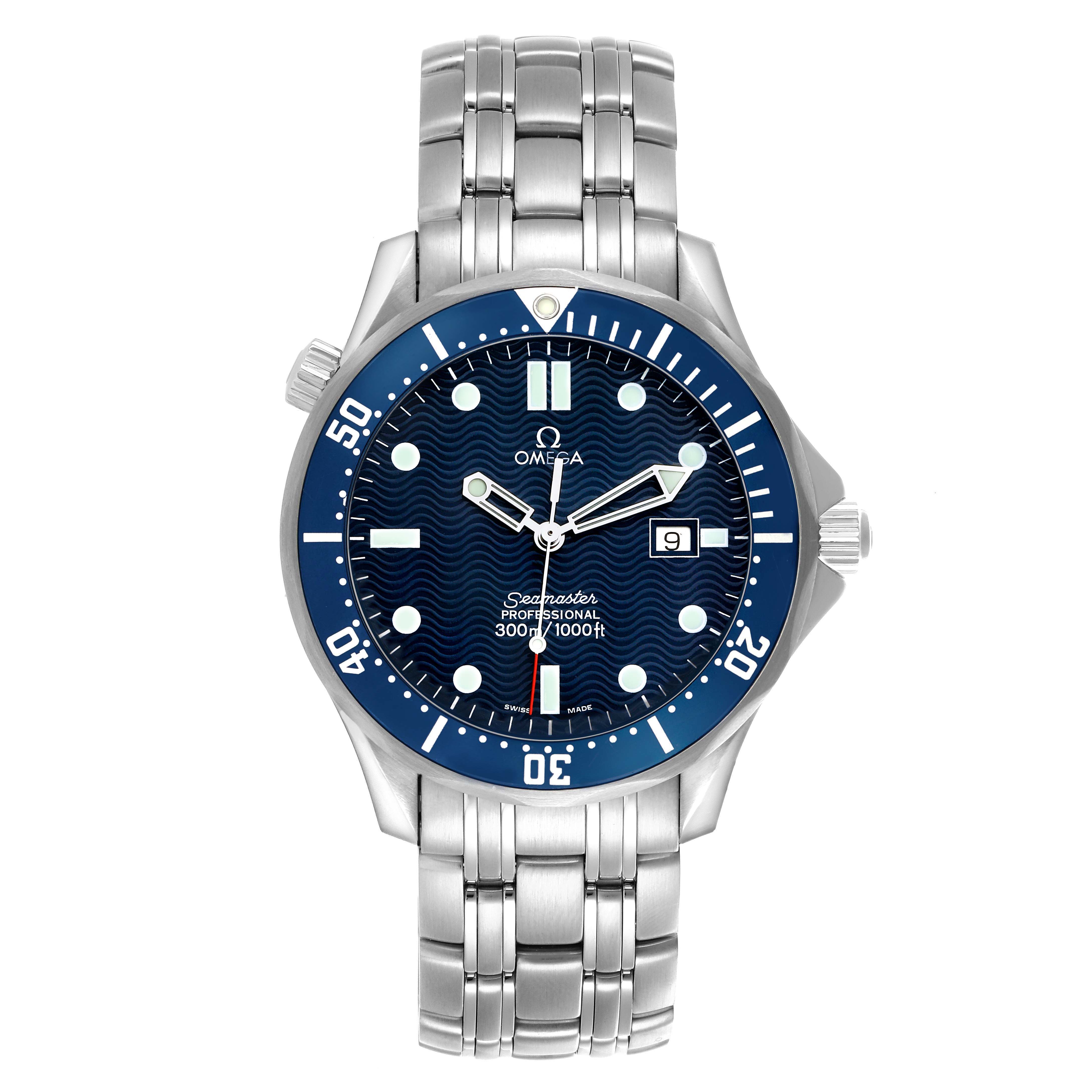 The Omega Seamaster 2541.80.00 Men's Stainless Steel Blue Dial watch is shown from a top-down angle, highlighting the face, bezel, crown, and stainless steel bracelet.