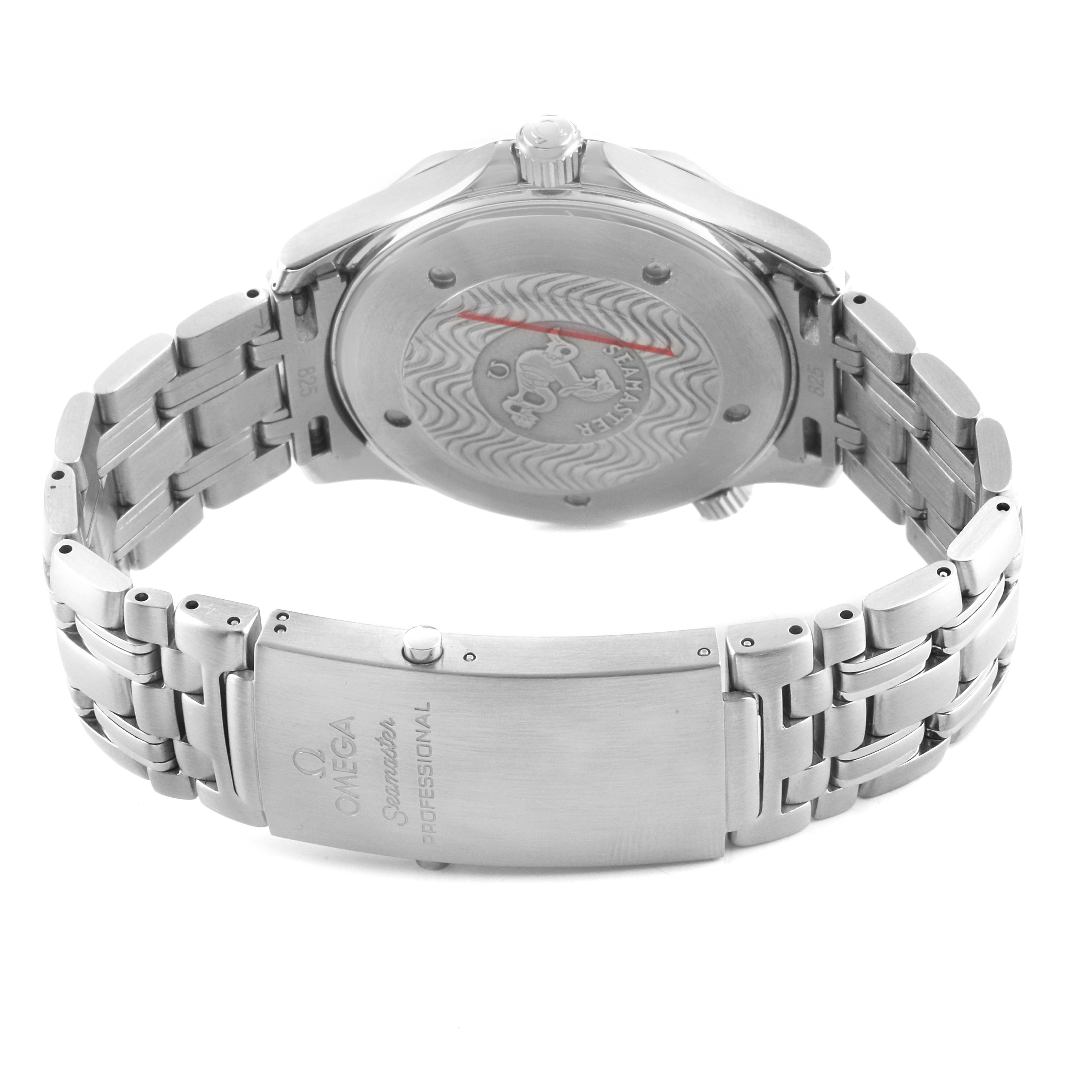 The Omega Seamaster 2541.80.00 Men's Stainless Steel Blue Dial watch is shown from the back, featuring the case back, crown, and bracelet clasp with engraved details.