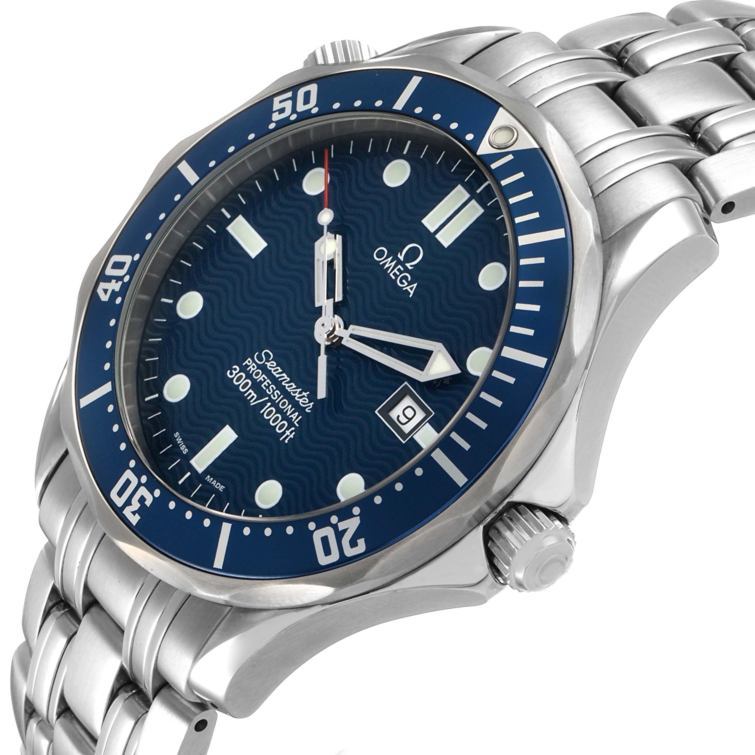 The Omega Seamaster 2541.80.00 Men's Stainless Steel Blue Dial watch is shown at a three-quarter angle highlighting the dial, bezel, crown, and stainless steel bracelet.