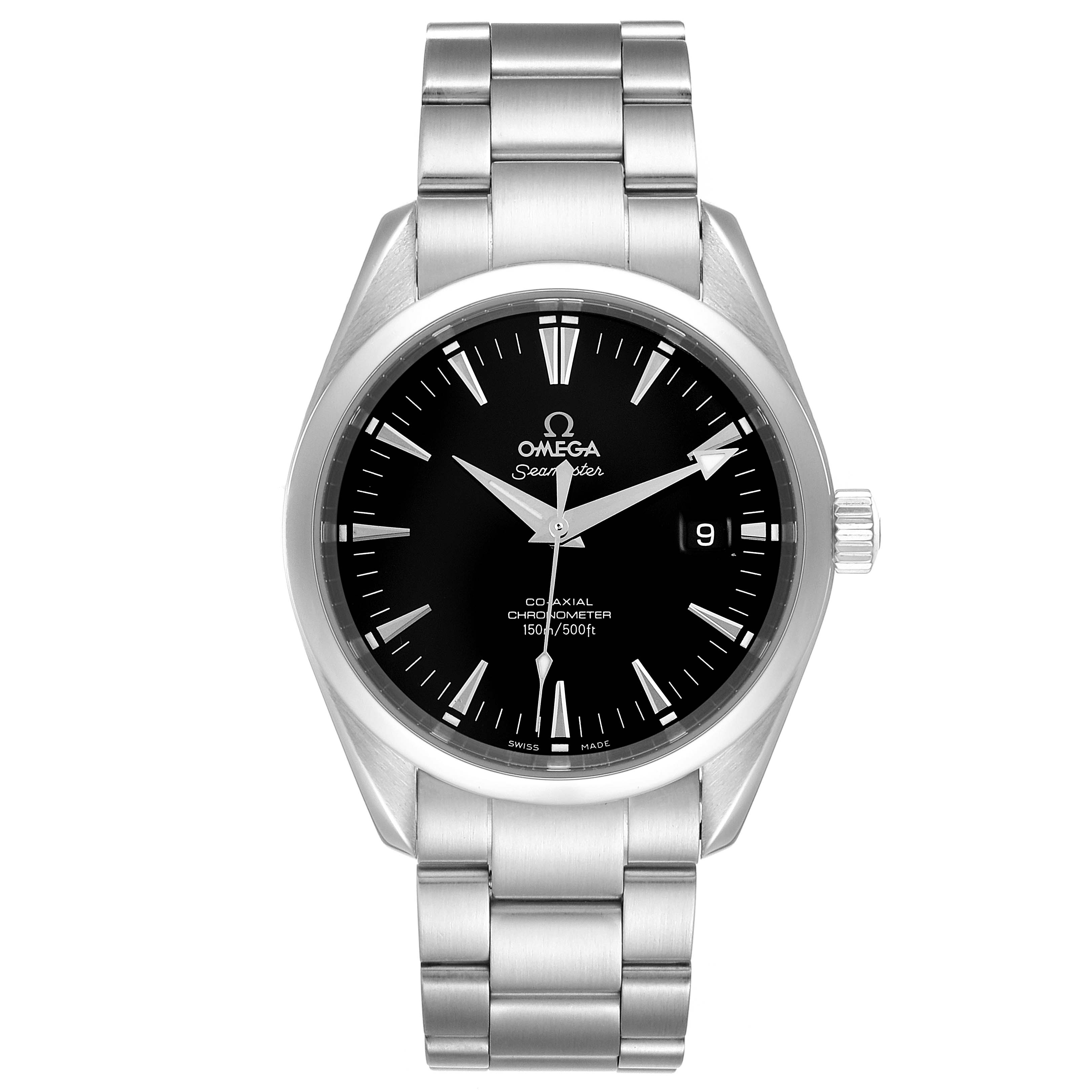 This Omega Aqua Terra 2503.50.00 Men
s Stainless Steel Black Dial 2503.50.00 Men
s Stainless Steel Black Dial watch is shown from a front view, displaying its dial, bezel, case, crown, and bracelet.