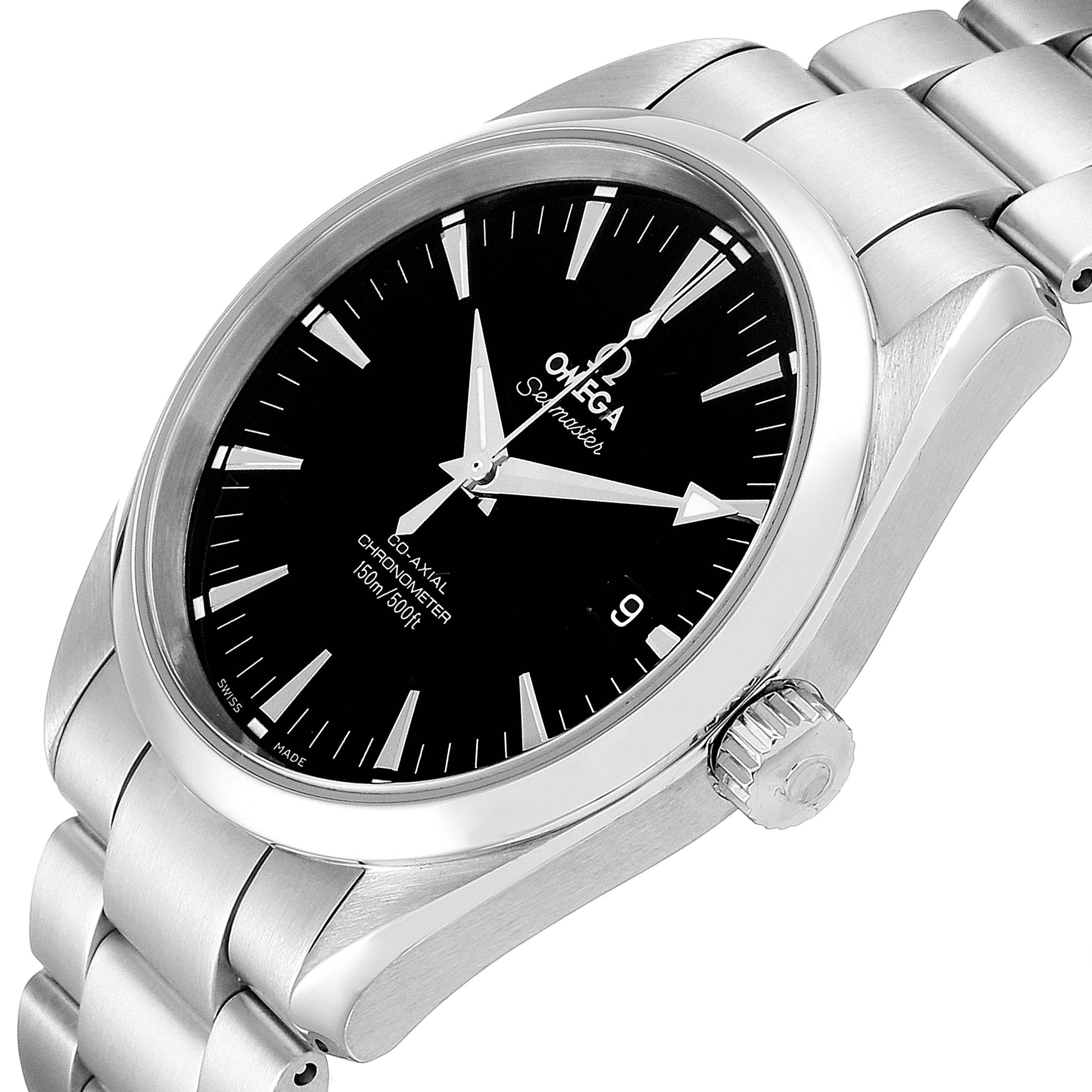 The image shows an Omega Aqua Terra 2503.50.00 Men
s Stainless Steel Black Dial 2503.50.00 Men
s Stainless Steel Black Dial watch at an angled side view, highlighting the face, bezel, and steel bracelet.