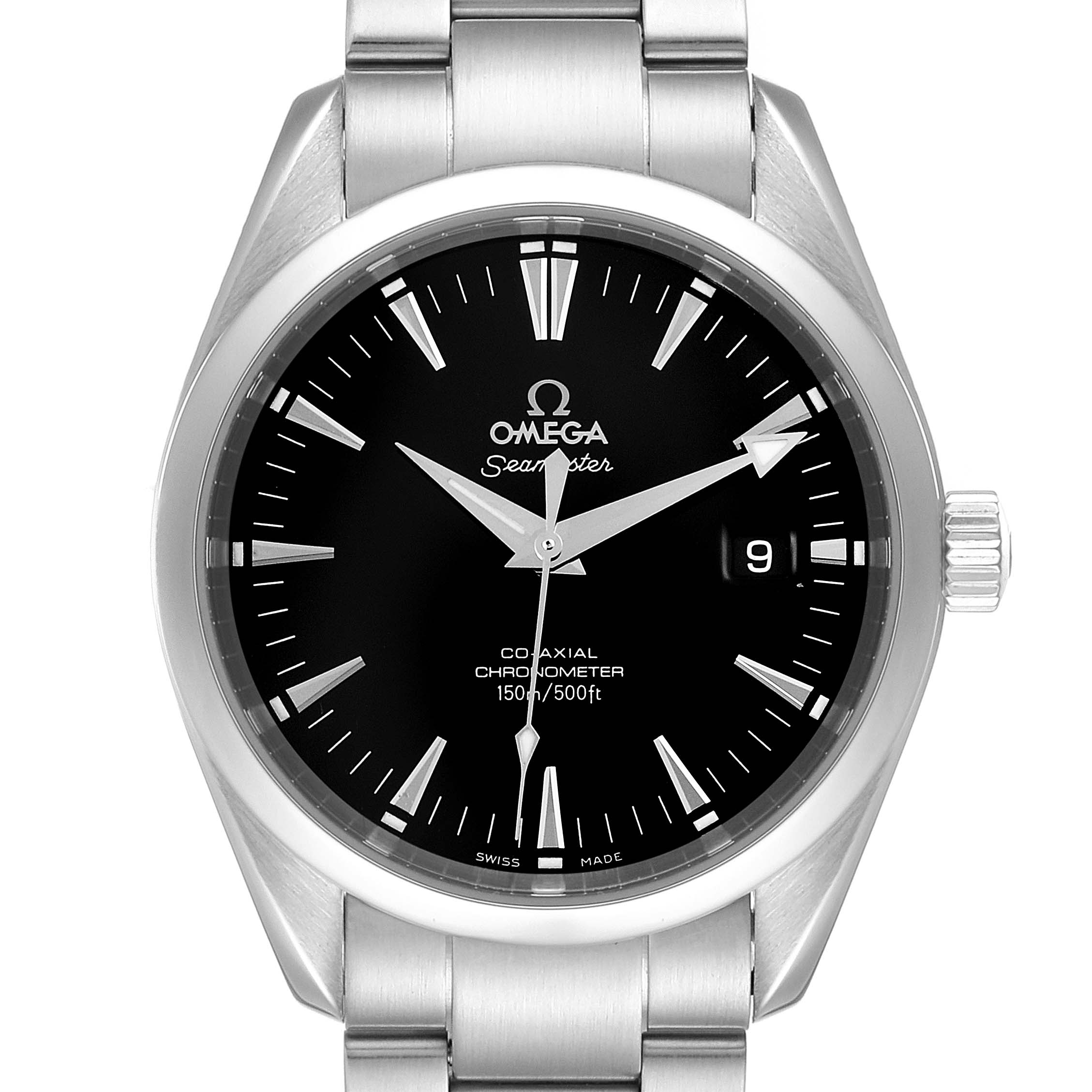 The Omega Aqua Terra 2503.50.00 Men
s Stainless Steel Black Dial 2503.50.00 Men
s Stainless Steel Black Dial watch is shown from the front, displaying the dial, hands, date window, and part of the stainless steel band.