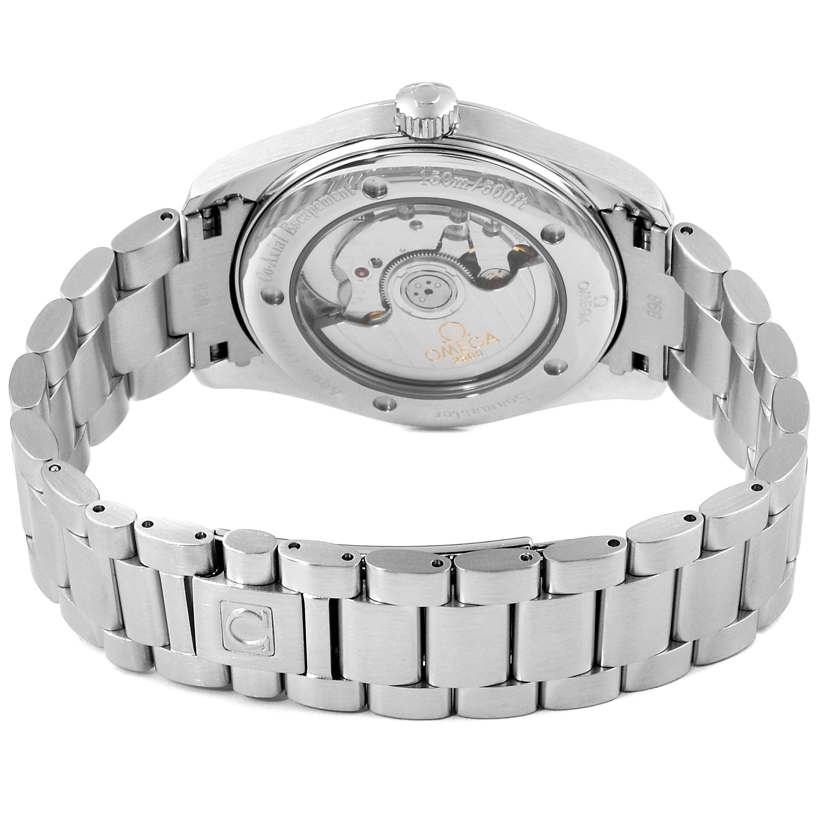 The image shows the case back and bracelet of an Omega Aqua Terra 2503.50.00 Men
s Stainless Steel Black Dial 2503.50.00 Men
s Stainless Steel Black Dial watch, highlighting its open case back and stainless steel bracelet.