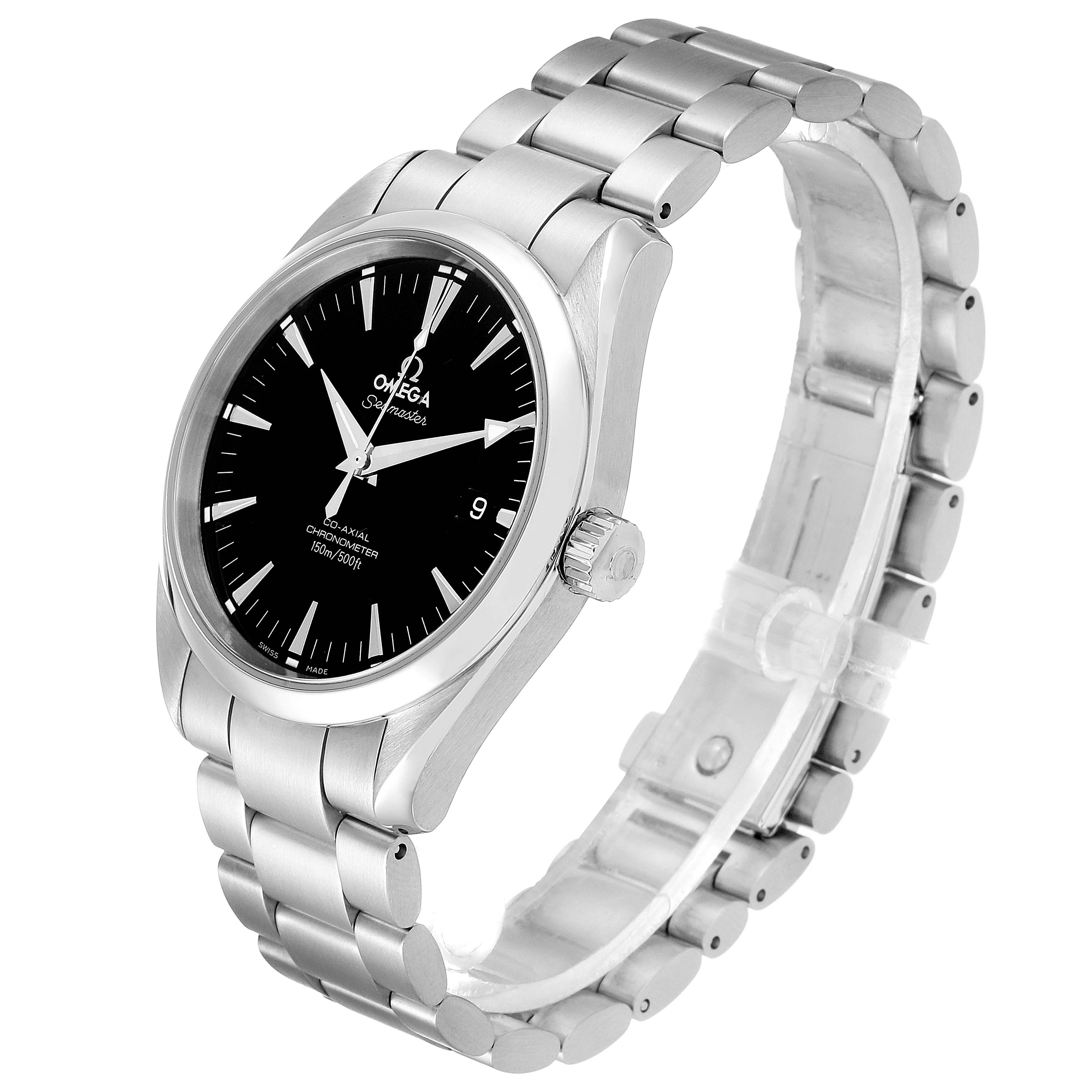 This image shows an Omega Aqua Terra 2503.50.00 Men
s Stainless Steel Black Dial 2503.50.00 Men
s Stainless Steel Black Dial watch at a slight angle, highlighting its black dial, metal bracelet, and crown.