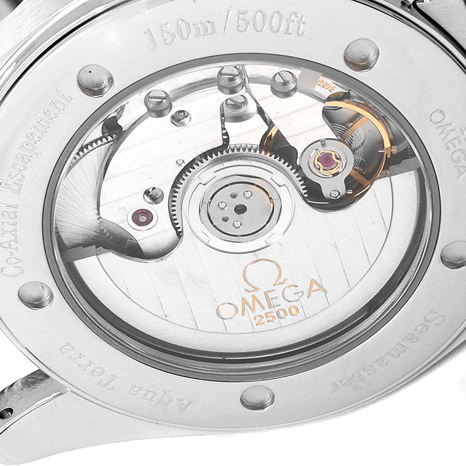 The image shows the back view of the Omega Aqua Terra 2503.50.00 Men
s Stainless Steel Black Dial 2503.50.00 Men
s Stainless Steel Black Dial watch, displaying its inner movement and case back engraving.