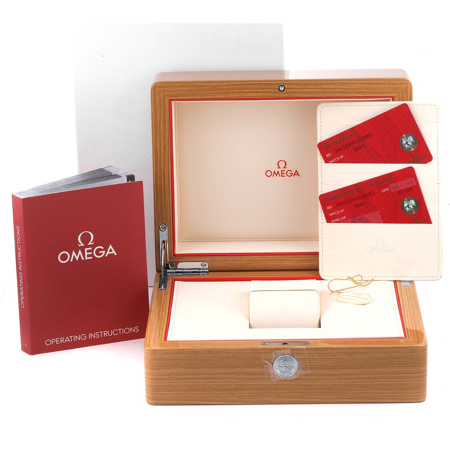 The image shows the packaging, warranty cards, and manual for an Omega Aqua Terra 231.10.39.21.03.002 Men
s Stainless Steel Blue Dial 231.10.39.21.03.002 Men
s Stainless Steel Blue Dial watch.