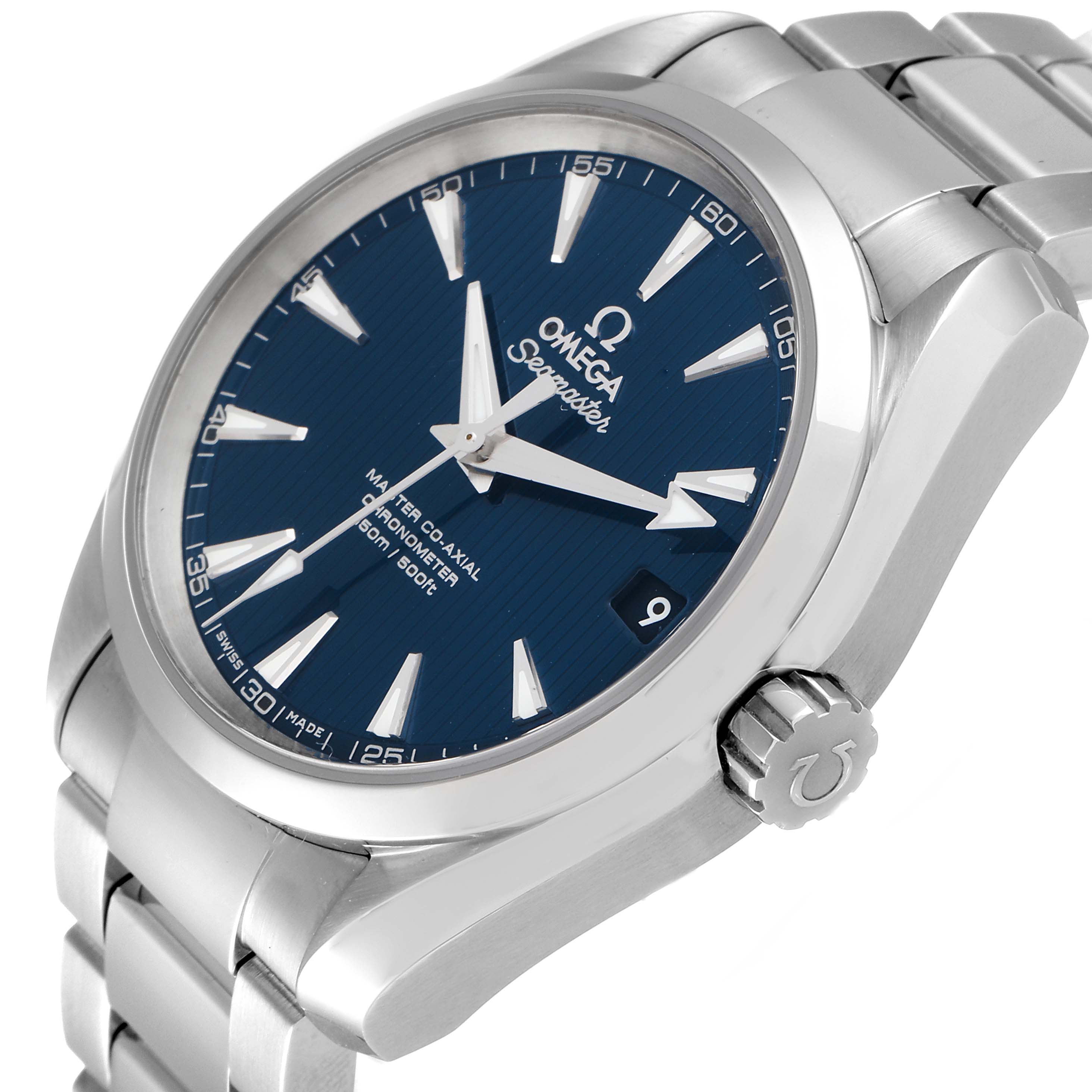 The image shows a close-up angled view of the Omega Aqua Terra 231.10.39.21.03.002 Men
s Stainless Steel Blue Dial 231.10.39.21.03.002 Men
s Stainless Steel Blue Dial watch, featuring the face, bezel, crown, and part of the bracelet.