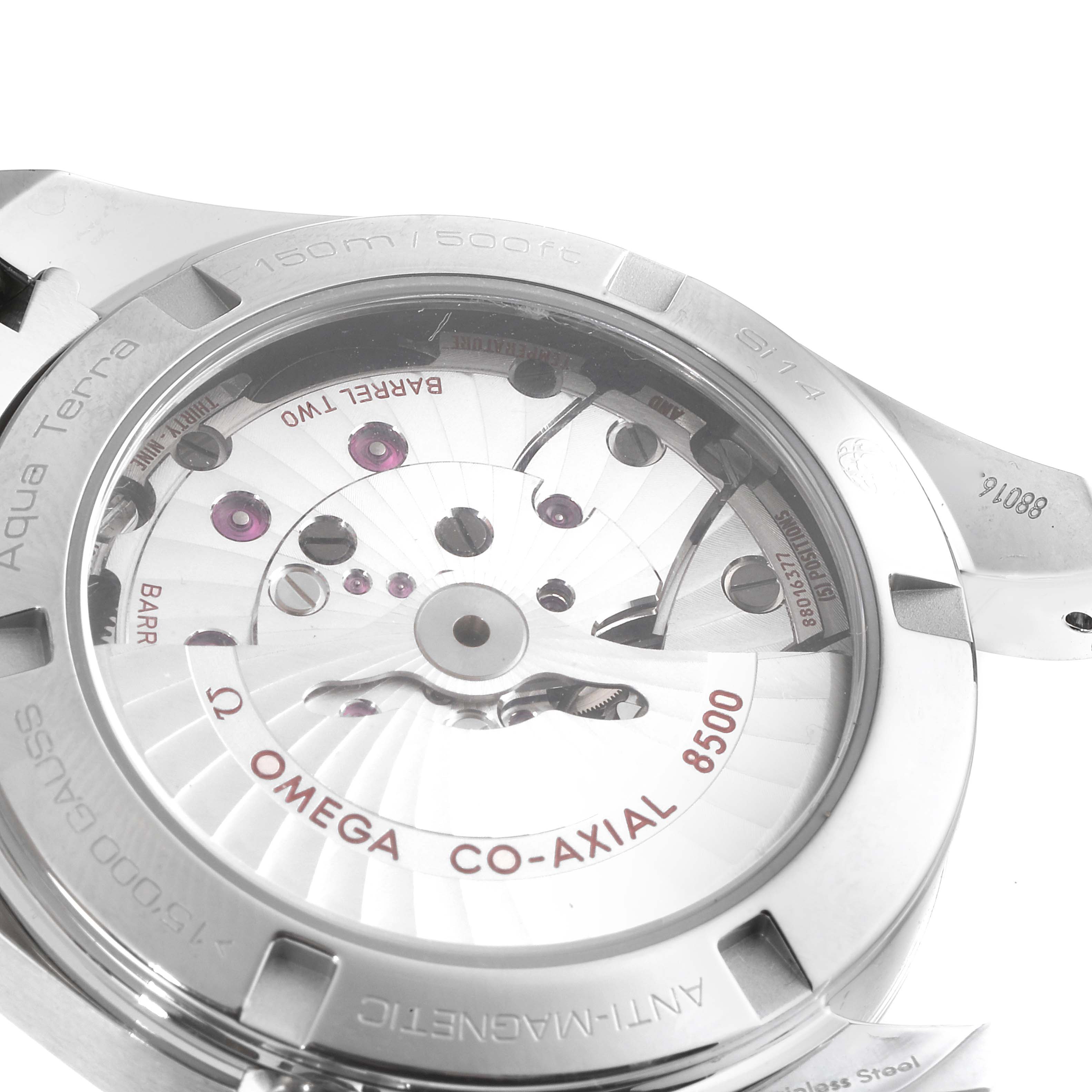 The image shows the back view of the Omega Aqua Terra 231.10.39.21.03.002 Men
s Stainless Steel Blue Dial 231.10.39.21.03.002 Men
s Stainless Steel Blue Dial model, highlighting the co-axial 8500 movement.