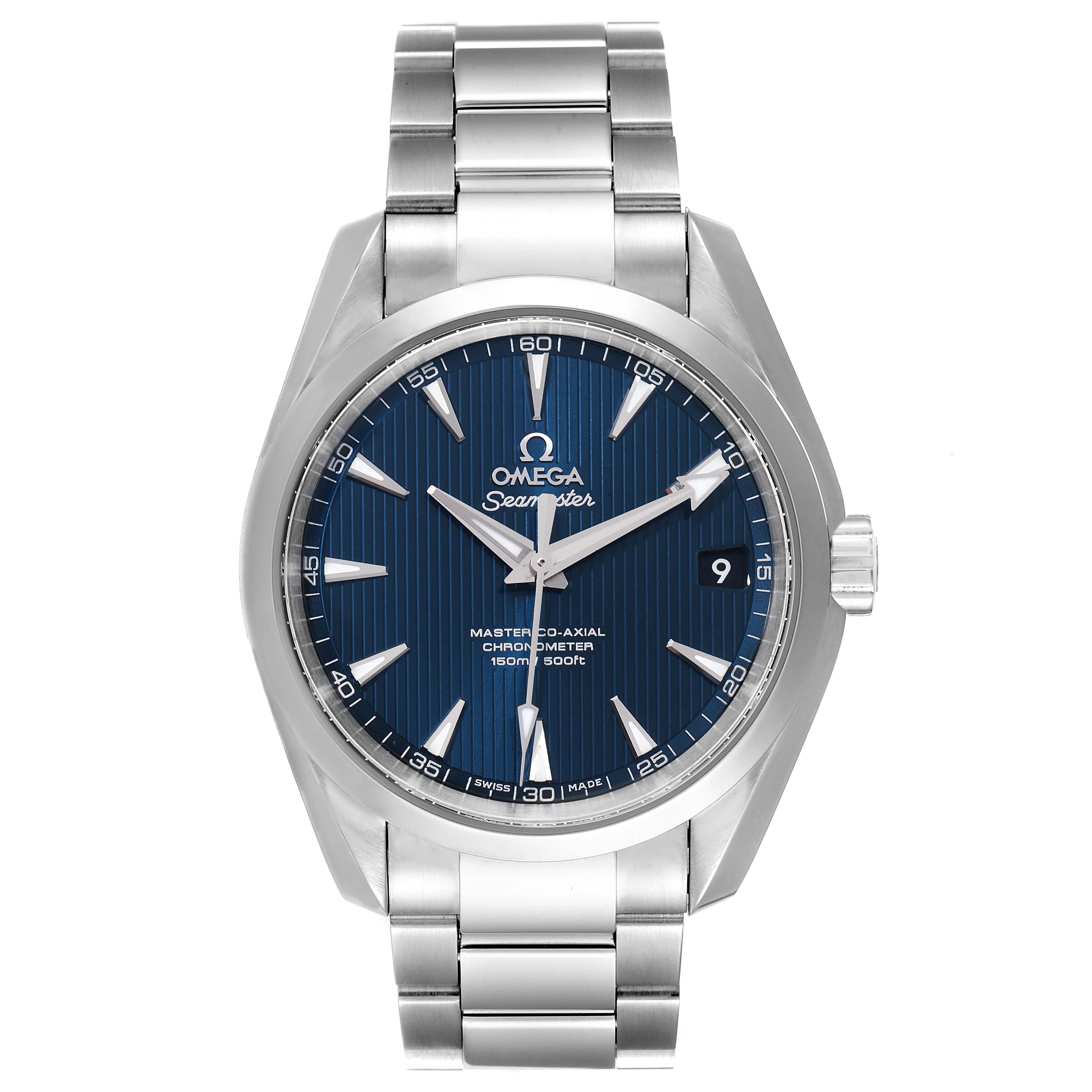 The image shows a front view of the Omega Aqua Terra 231.10.39.21.03.002 Men
s Stainless Steel Blue Dial 231.10.39.21.03.002 Men
s Stainless Steel Blue Dial watch, displaying its dial, bezel, case, bracelet, and crown.