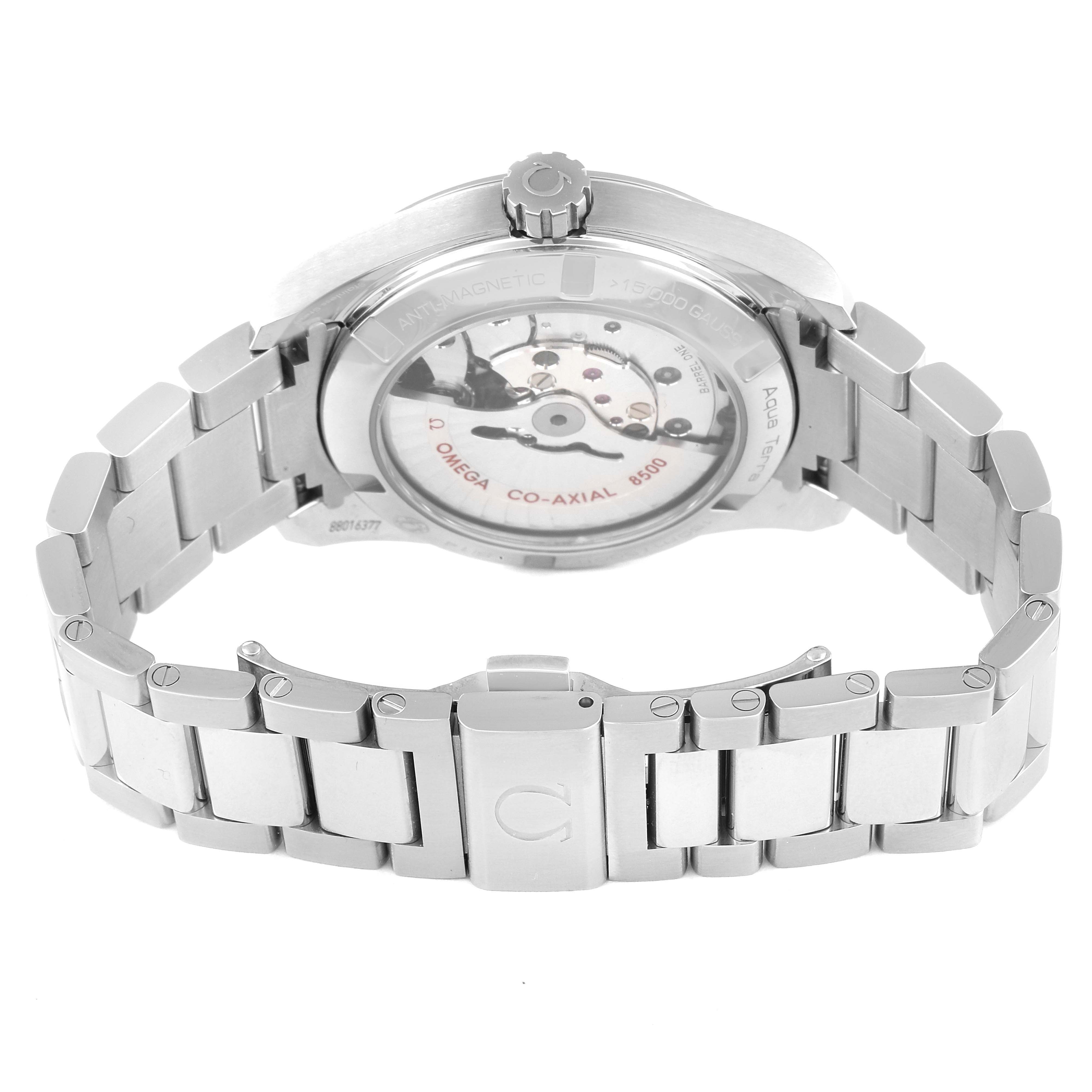 This image shows the backside of the Omega Aqua Terra 231.10.39.21.03.002 Men
s Stainless Steel Blue Dial 231.10.39.21.03.002 Men
s Stainless Steel Blue Dial watch, highlighting its movement and stainless steel bracelet.