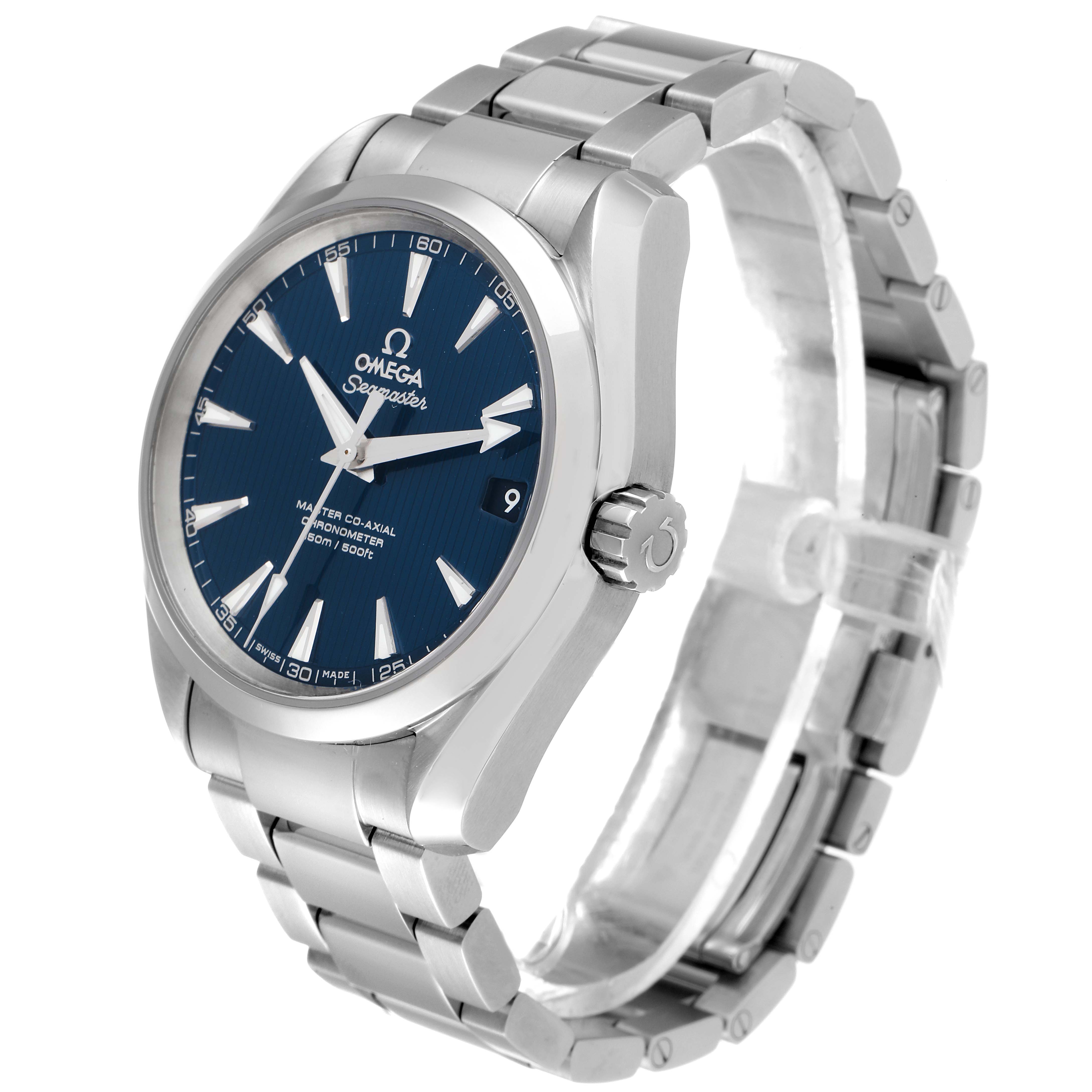The Omega Aqua Terra 231.10.39.21.03.002 Men
s Stainless Steel Blue Dial 231.10.39.21.03.002 Men
s Stainless Steel Blue Dial watch is shown at a three-quarter angle, highlighting its blue dial, metallic bracelet, and crown.