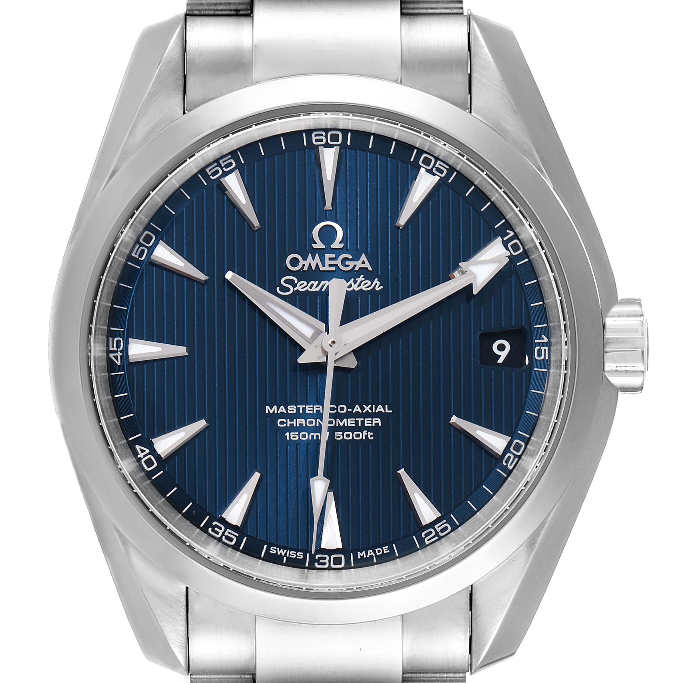 This image shows a front view of the Omega Aqua Terra 231.10.39.21.03.002 Men
s Stainless Steel Blue Dial 231.10.39.21.03.002 Men
s Stainless Steel Blue Dial watch, displaying the dial, hands, date window, and part of the stainless steel bracelet.