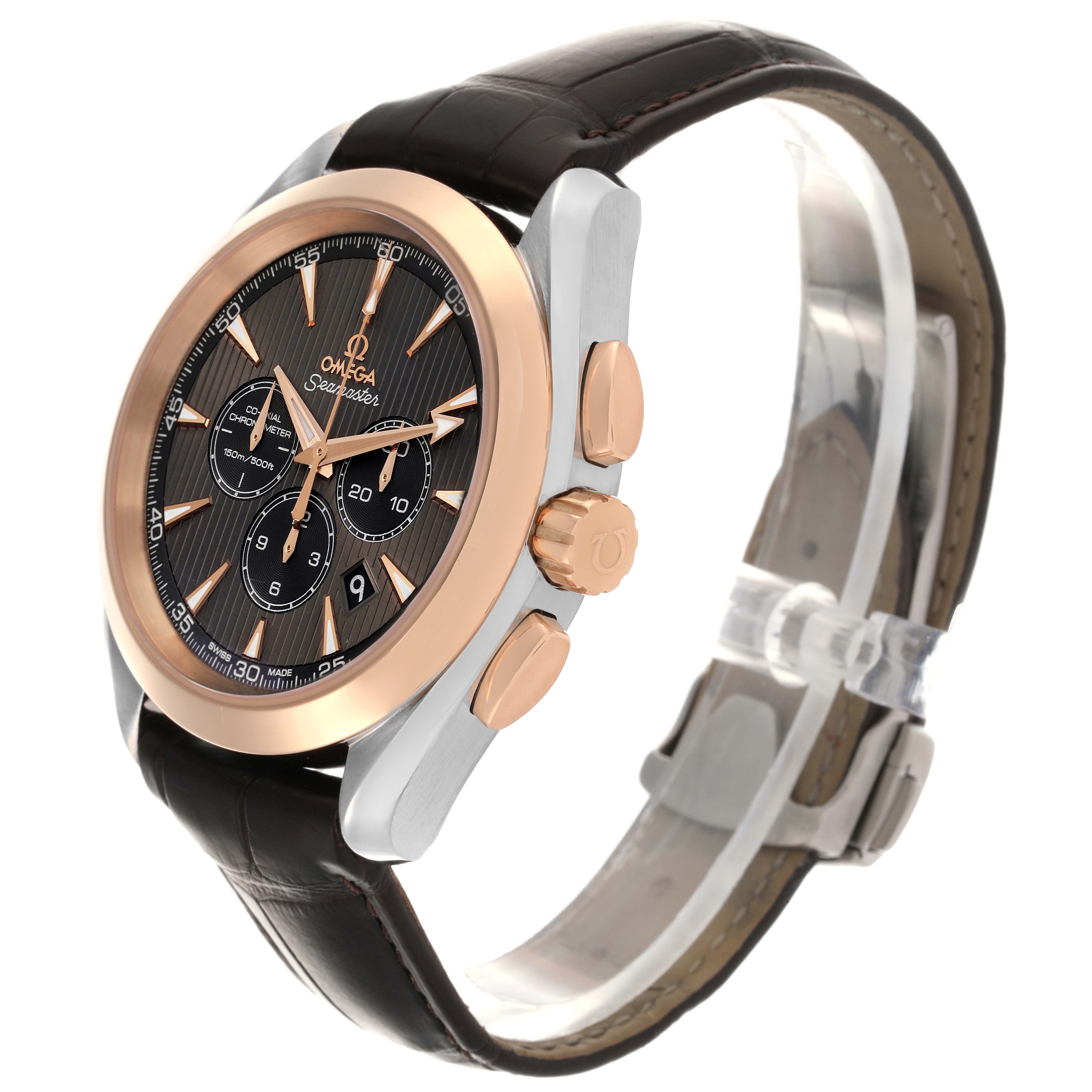 The Omega Aqua Terra 231.23.44.50.06.001 Men's Steel and Gold (two tone) Grey Dial 231.23.44.50.06.001 Men's Steel and Gold (two tone) Grey Dial watch is shown at a slight angle, highlighting the dial, rose gold bezel, crown, chronograph buttons, and leather strap.