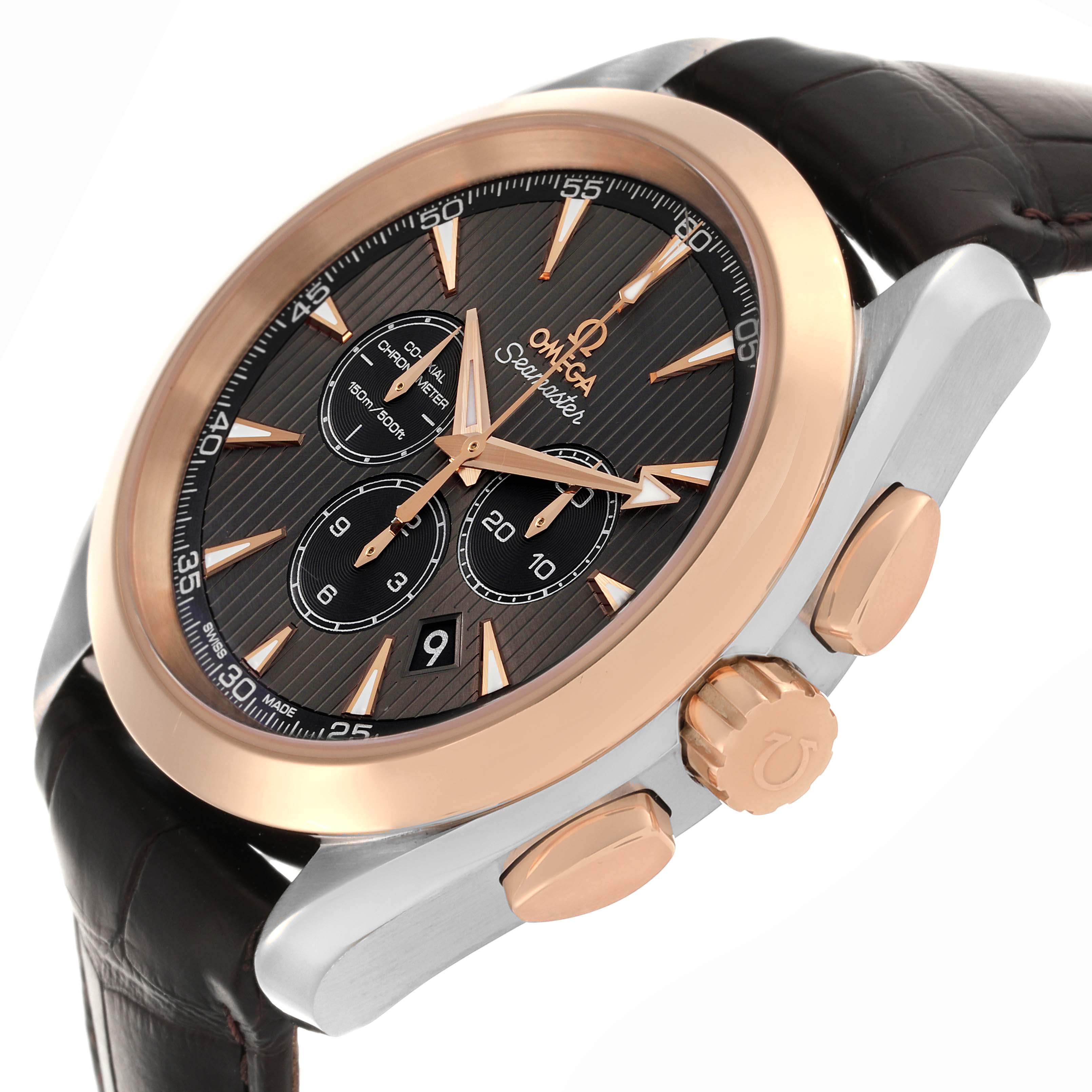 The Omega Aqua Terra 231.23.44.50.06.001 Men's Steel and Gold (two tone) Grey Dial 231.23.44.50.06.001 Men's Steel and Gold (two tone) Grey Dial watch is shown from an angled close-up, highlighting the dial, bezel, crown, and pushers.