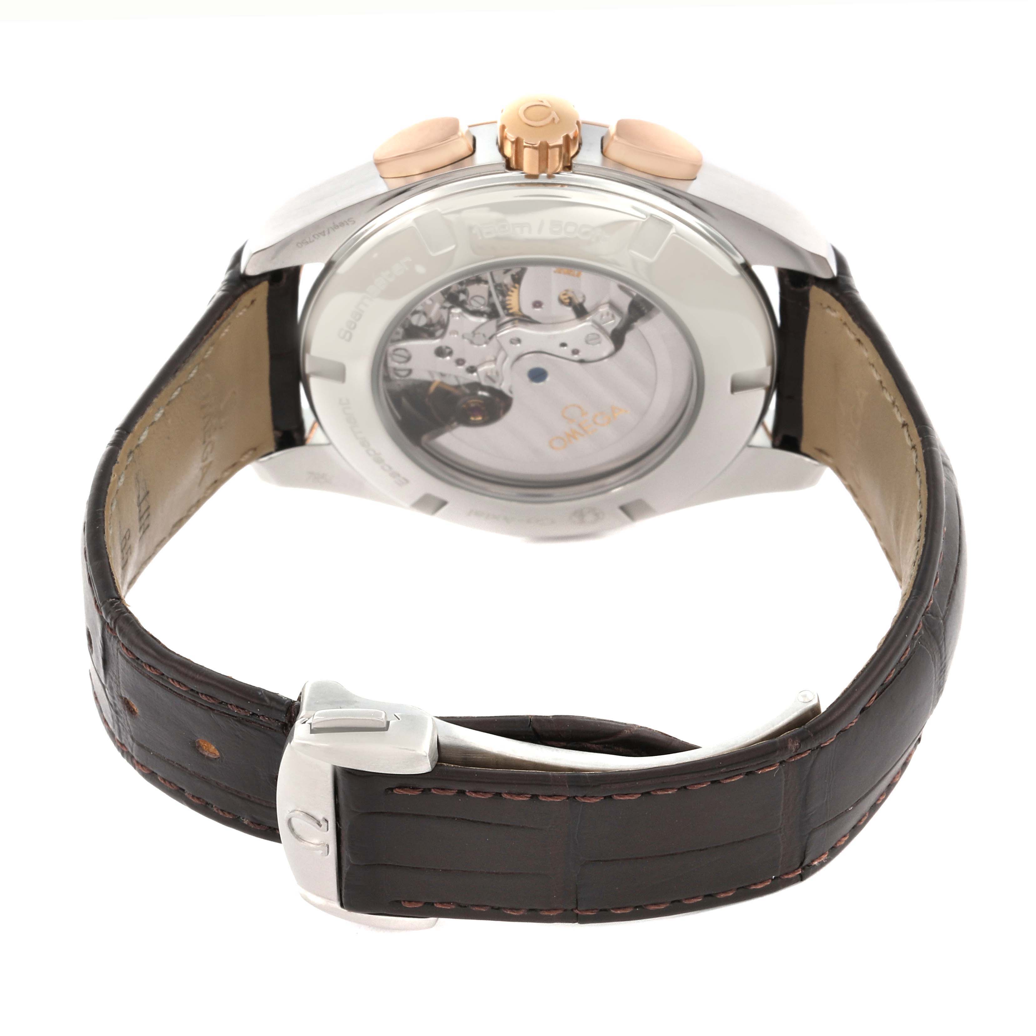 The Omega Aqua Terra 231.23.44.50.06.001 Men's Steel and Gold (two tone) Grey Dial 231.23.44.50.06.001 Men's Steel and Gold (two tone) Grey Dial watch is shown from the back, highlighting the see-through case back and parts of the movement.