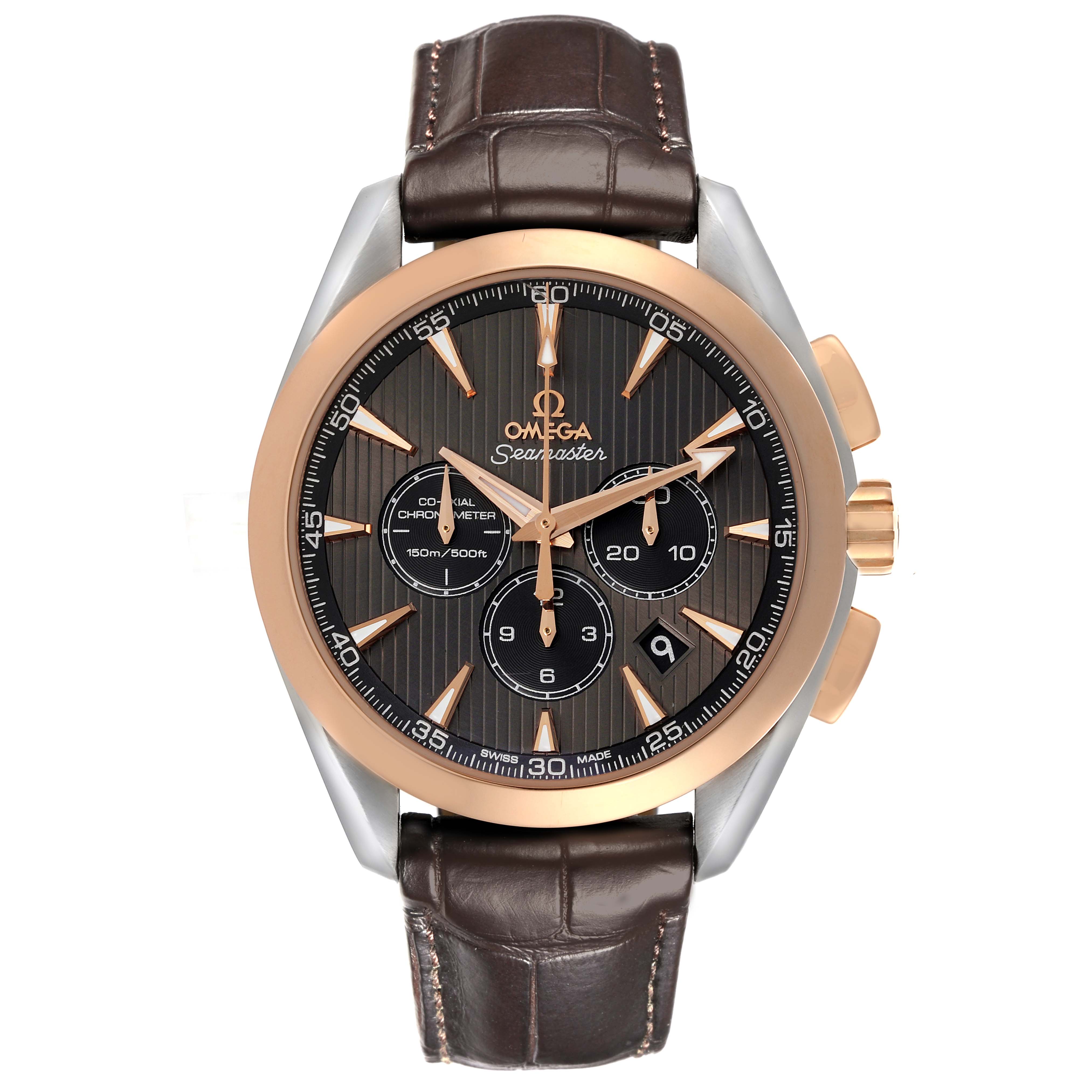 The Omega Aqua Terra 231.23.44.50.06.001 Men's Steel and Gold (two tone) Grey Dial 231.23.44.50.06.001 Men's Steel and Gold (two tone) Grey Dial watch is shown from the front, highlighting its dial, bezel, subdials, and leather strap.