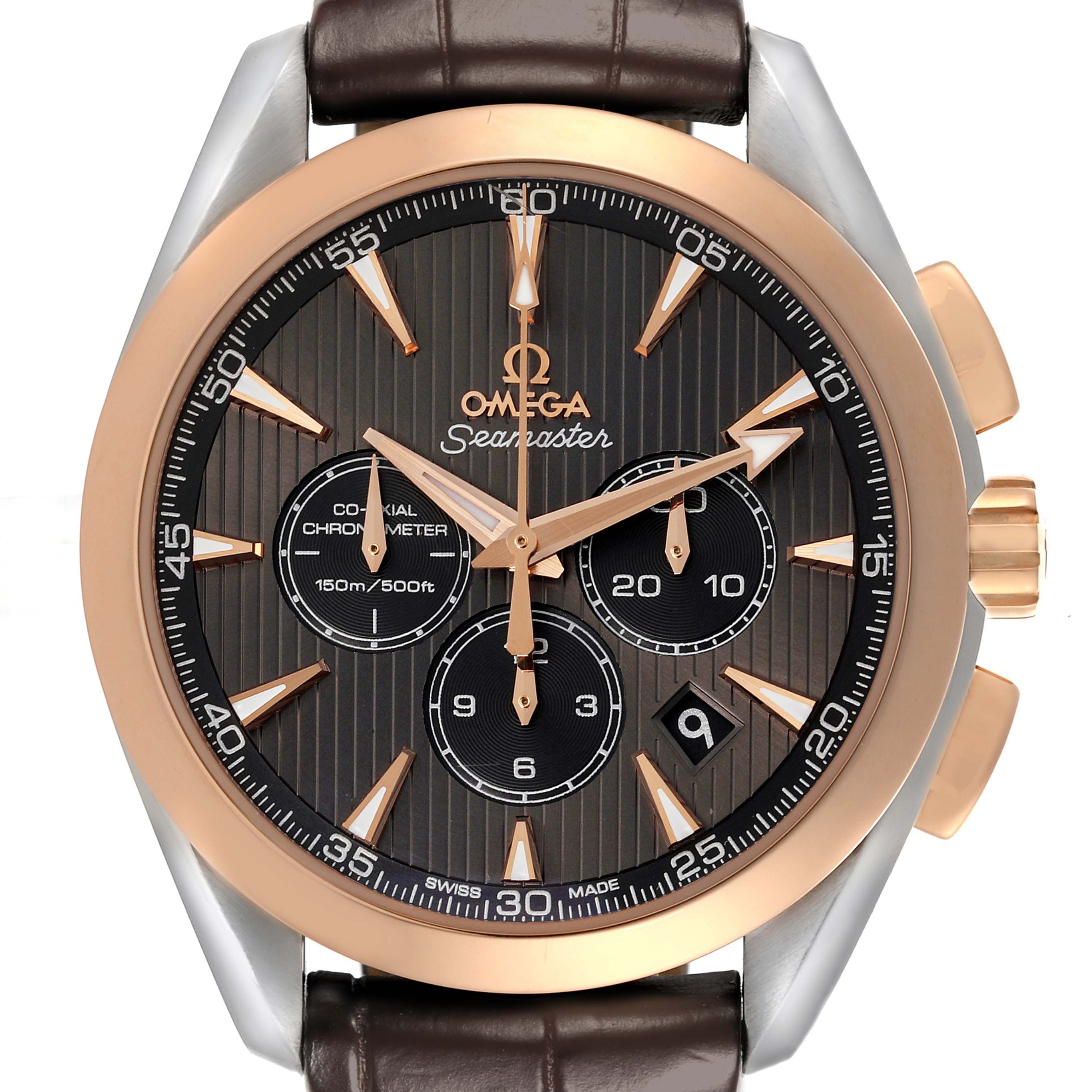 The Omega Aqua Terra 231.23.44.50.06.001 Men's Steel and Gold (two tone) Grey Dial 231.23.44.50.06.001 Men's Steel and Gold (two tone) Grey Dial watch is shown from the front, displaying the dial, hands, sub-dials, markers, crown, and part of the strap.