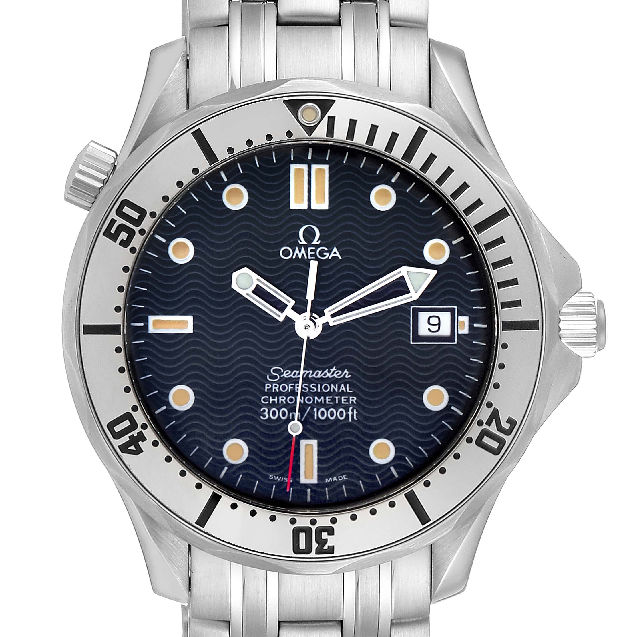 The image shows a front view of the Omega Seamaster 2532.80.00 Men
s Stainless Steel Blue Dial 2532.80.00 Men
s Stainless Steel Blue Dial watch, focusing on its dial, bezel, and part of its bracelet.