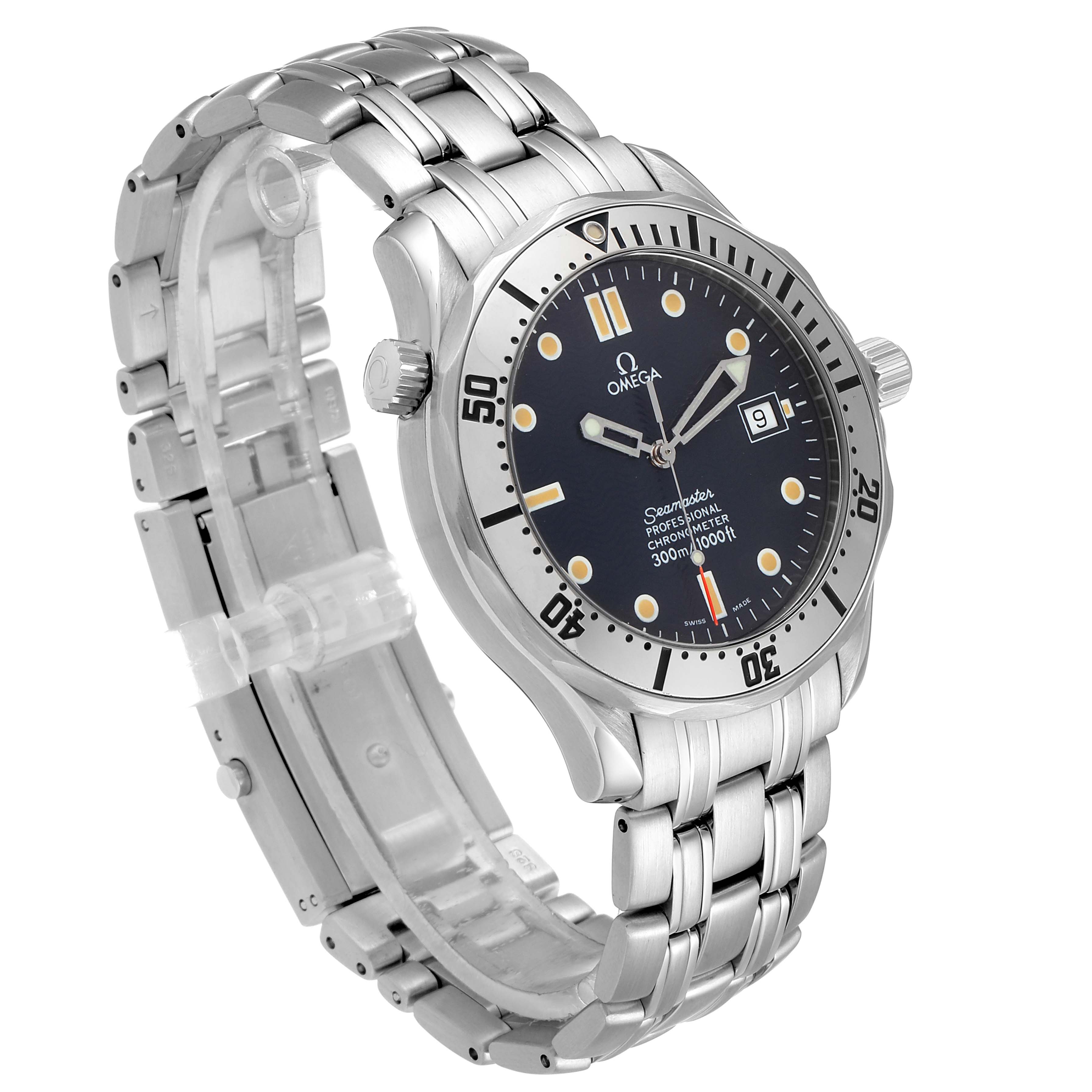 This image shows an Omega Seamaster 2532.80.00 Men
s Stainless Steel Blue Dial 2532.80.00 Men
s Stainless Steel Blue Dial watch from a slightly angled top view, displaying the face, bezel, crown, and metal bracelet.