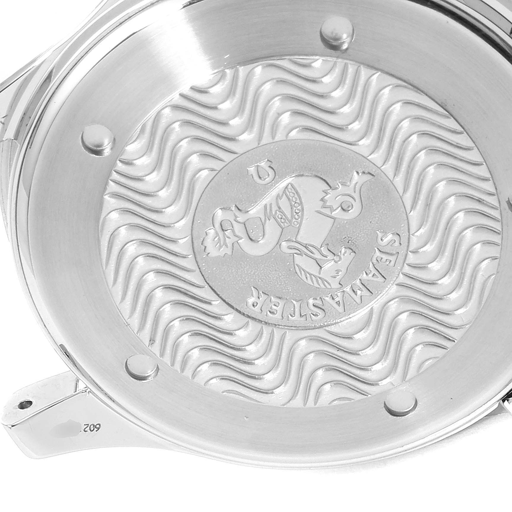 The image shows the back casing of an Omega Seamaster 2532.80.00 Men
s Stainless Steel Blue Dial 2532.80.00 Men
s Stainless Steel Blue Dial watch with its engraved design.