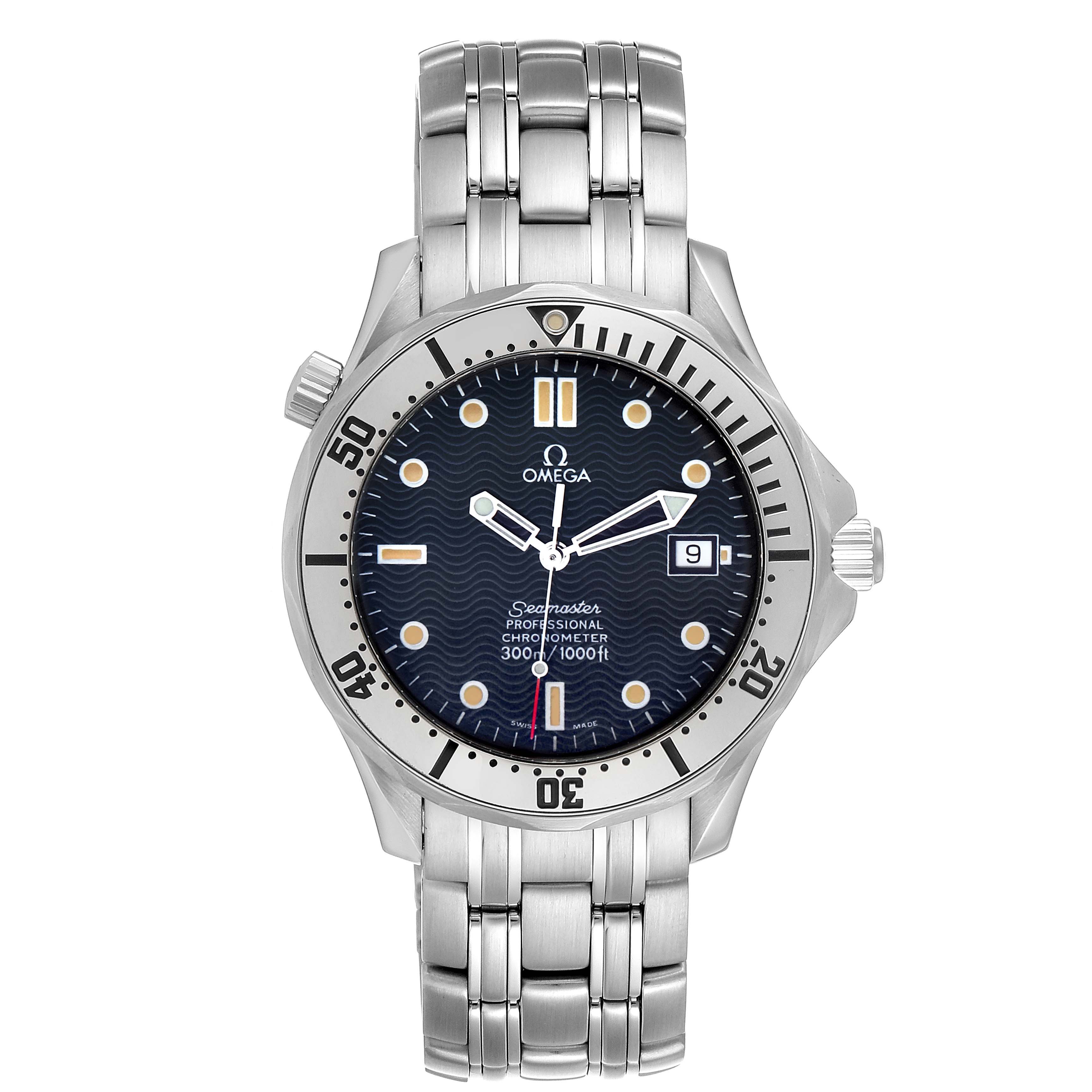The image shows the front view of an Omega Seamaster 2532.80.00 Men
s Stainless Steel Blue Dial 2532.80.00 Men
s Stainless Steel Blue Dial watch, displaying the face, bezel, hands, and bracelet.