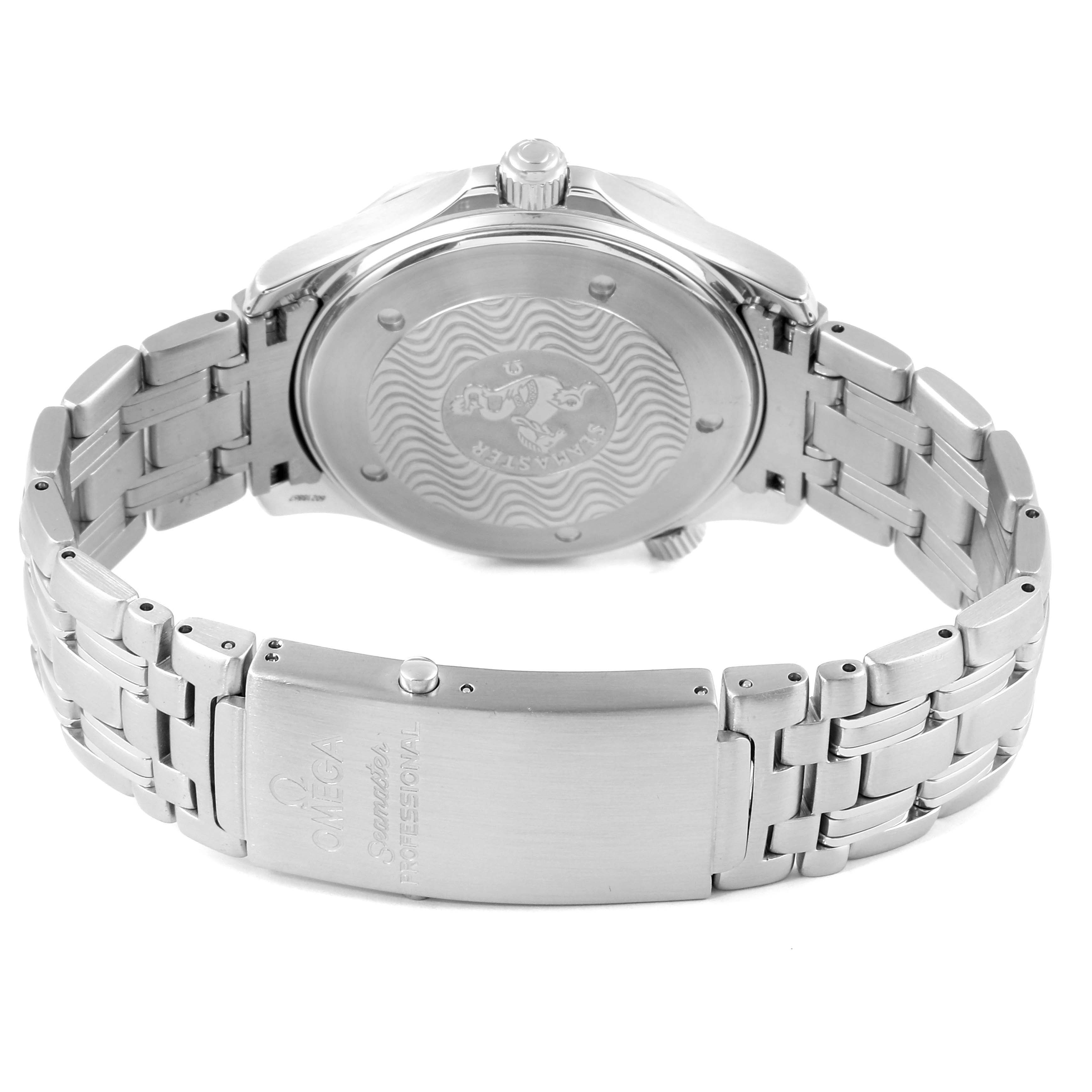 The image shows the back view of an Omega Seamaster 2532.80.00 Men
s Stainless Steel Blue Dial 2532.80.00 Men
s Stainless Steel Blue Dial watch, featuring its case back and metal bracelet.