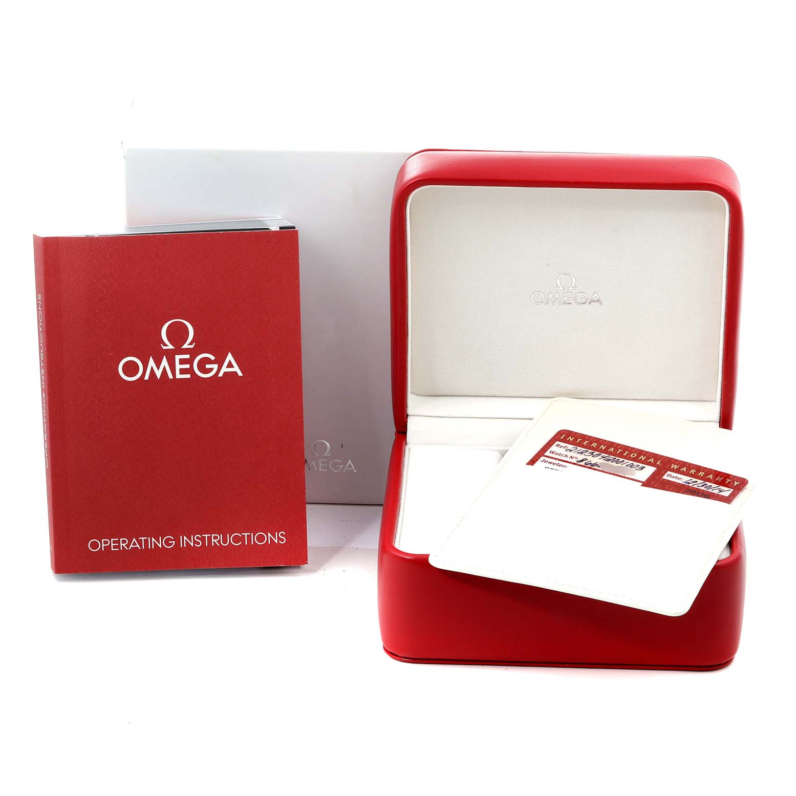 The image shows the Omega Seamaster 212.30.41.20.01.003 Men
s Stainless Steel Black Dial 212.30.41.20.01.003 Men
s Stainless Steel Black Dial watch packaging with an open red watch box, an operating instructions book, and a warranty card.