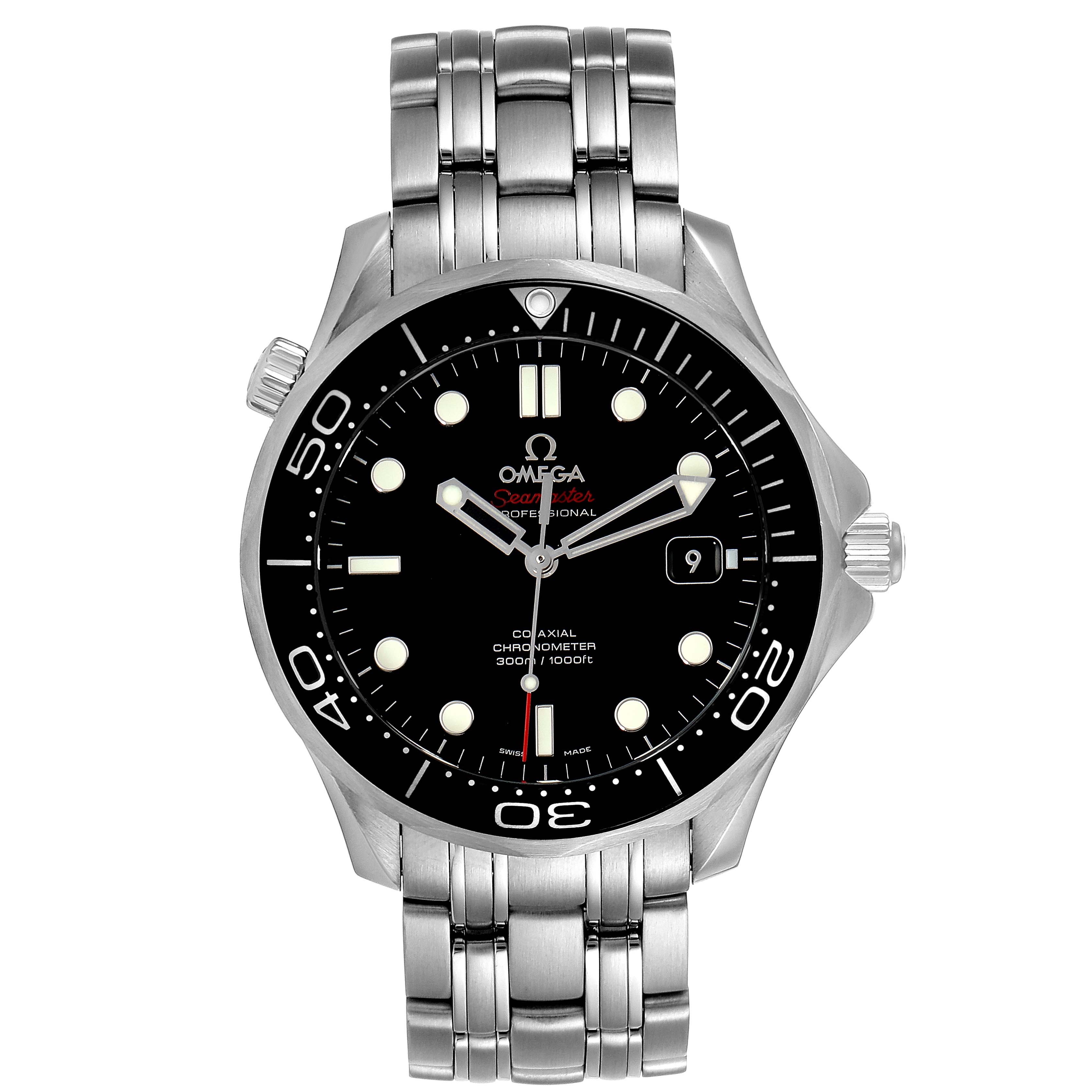 The image shows a front view of the Omega Seamaster 212.30.41.20.01.003 Men
s Stainless Steel Black Dial 212.30.41.20.01.003 Men
s Stainless Steel Black Dial watch, displaying its dial, bezel, and bracelet.