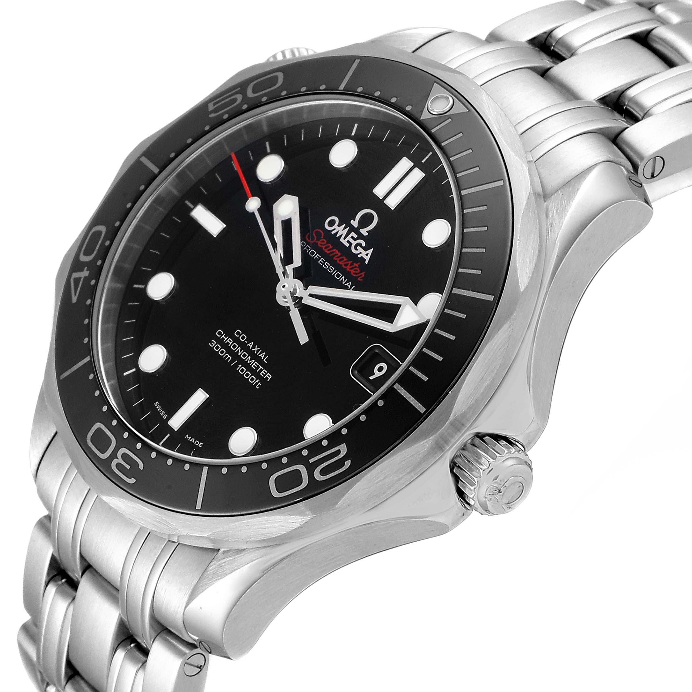 The image shows an angled close-up of an Omega Seamaster 212.30.41.20.01.003 Men
s Stainless Steel Black Dial 212.30.41.20.01.003 Men
s Stainless Steel Black Dial watch, focusing on the dial, bezel, case, and part of the bracelet.