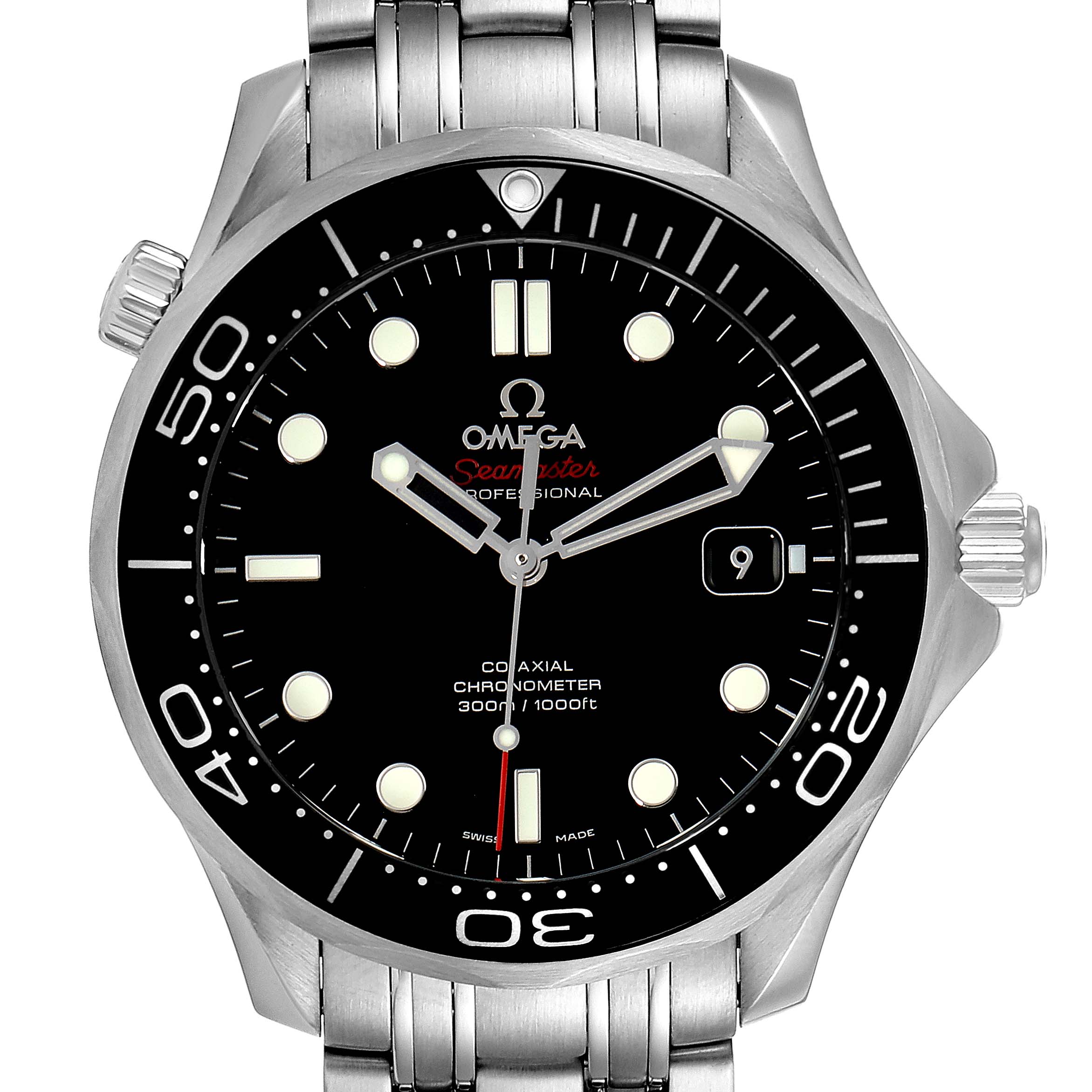 The image shows a front view of the Omega Seamaster 212.30.41.20.01.003 Men
s Stainless Steel Black Dial 212.30.41.20.01.003 Men
s Stainless Steel Black Dial Professional model watch, displaying its dial, bezel, and part of the bracelet.