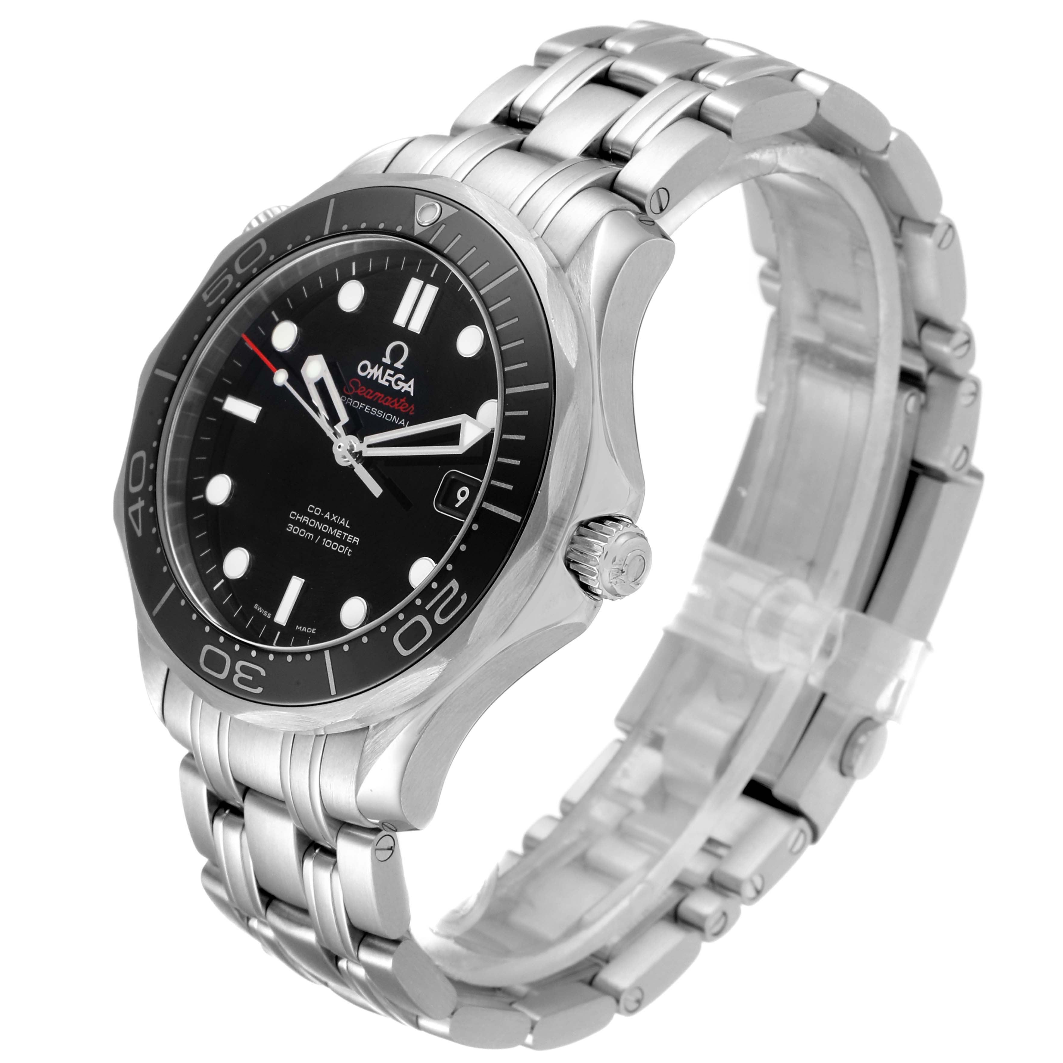 This image shows a three-quarter view of the Omega Seamaster 212.30.41.20.01.003 Men
s Stainless Steel Black Dial 212.30.41.20.01.003 Men
s Stainless Steel Black Dial watch, highlighting the bezel, dial, crown, and bracelet.