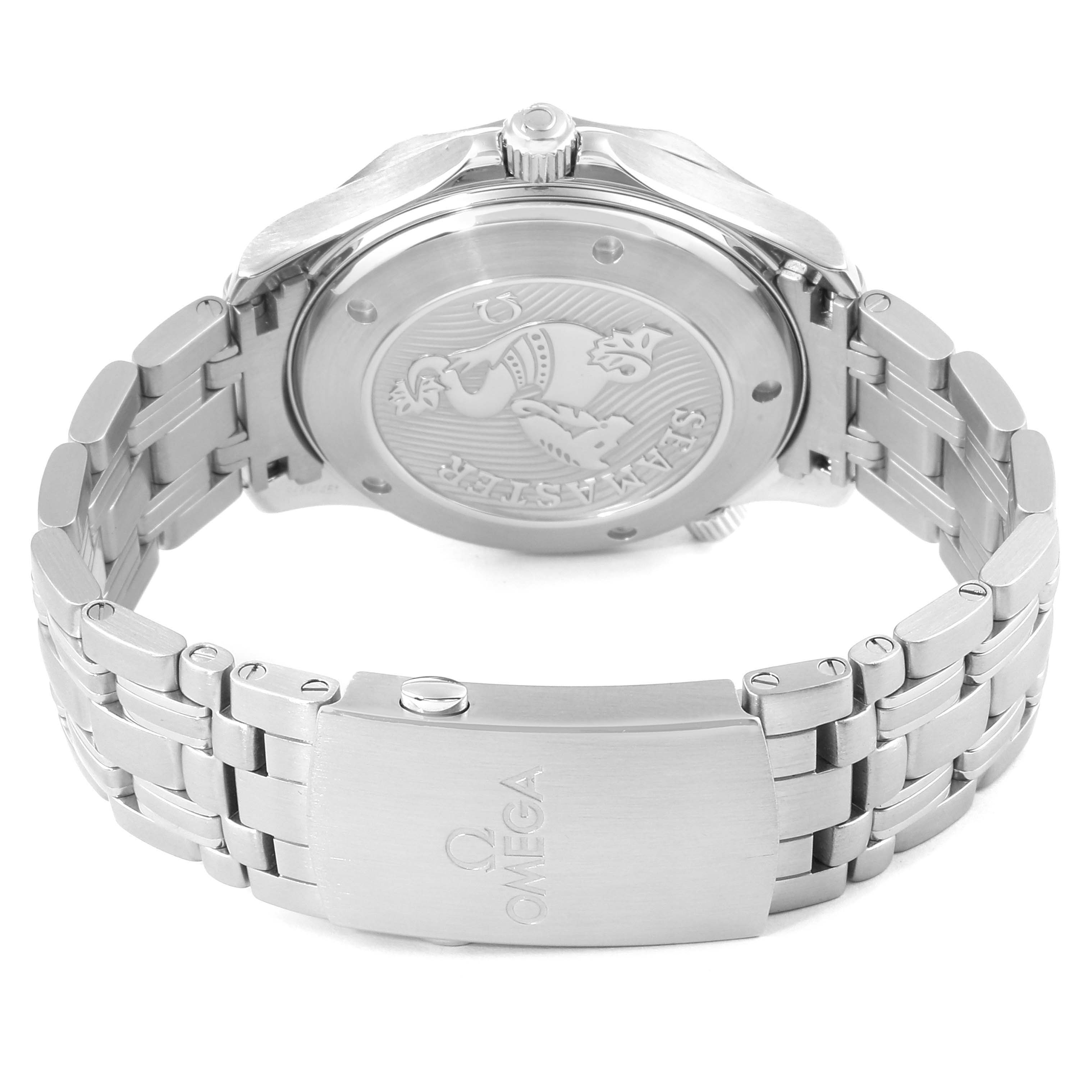 The image shows the back case and bracelet of an Omega Seamaster 212.30.41.20.01.003 Men
s Stainless Steel Black Dial 212.30.41.20.01.003 Men
s Stainless Steel Black Dial watch, highlighting the branded clasp and case back logo.