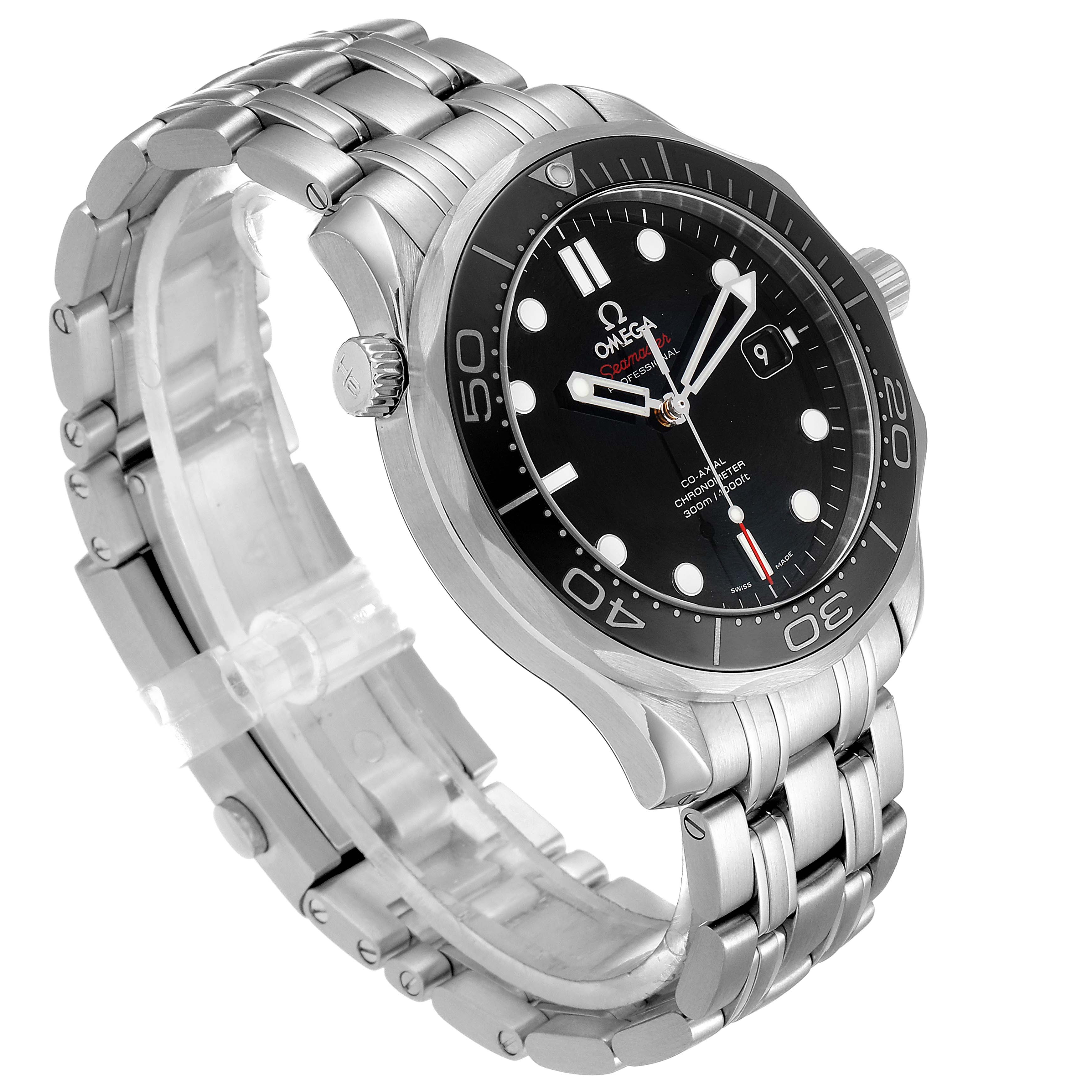 The image shows a side and oblique view of the Omega Seamaster 212.30.41.20.01.003 Men
s Stainless Steel Black Dial 212.30.41.20.01.003 Men
s Stainless Steel Black Dial watch, highlighting its black dial, bezel, and metal bracelet.