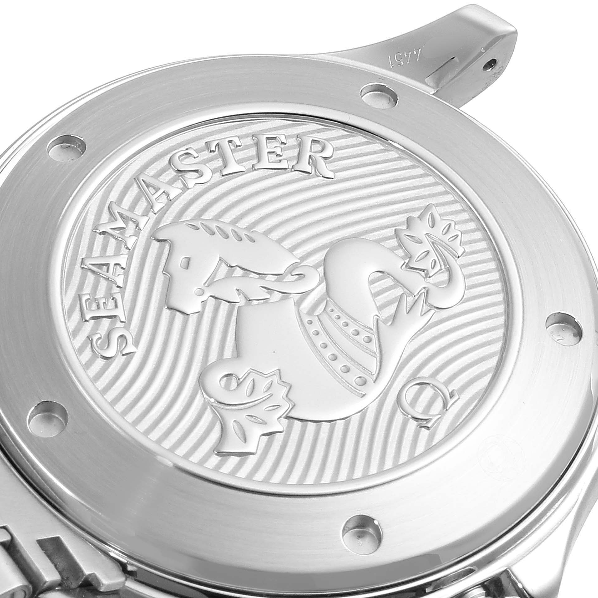 The image shows the case back of an Omega Seamaster 212.30.41.20.01.003 Men
s Stainless Steel Black Dial 212.30.41.20.01.003 Men
s Stainless Steel Black Dial watch, featuring the embossed Seamaster logo.