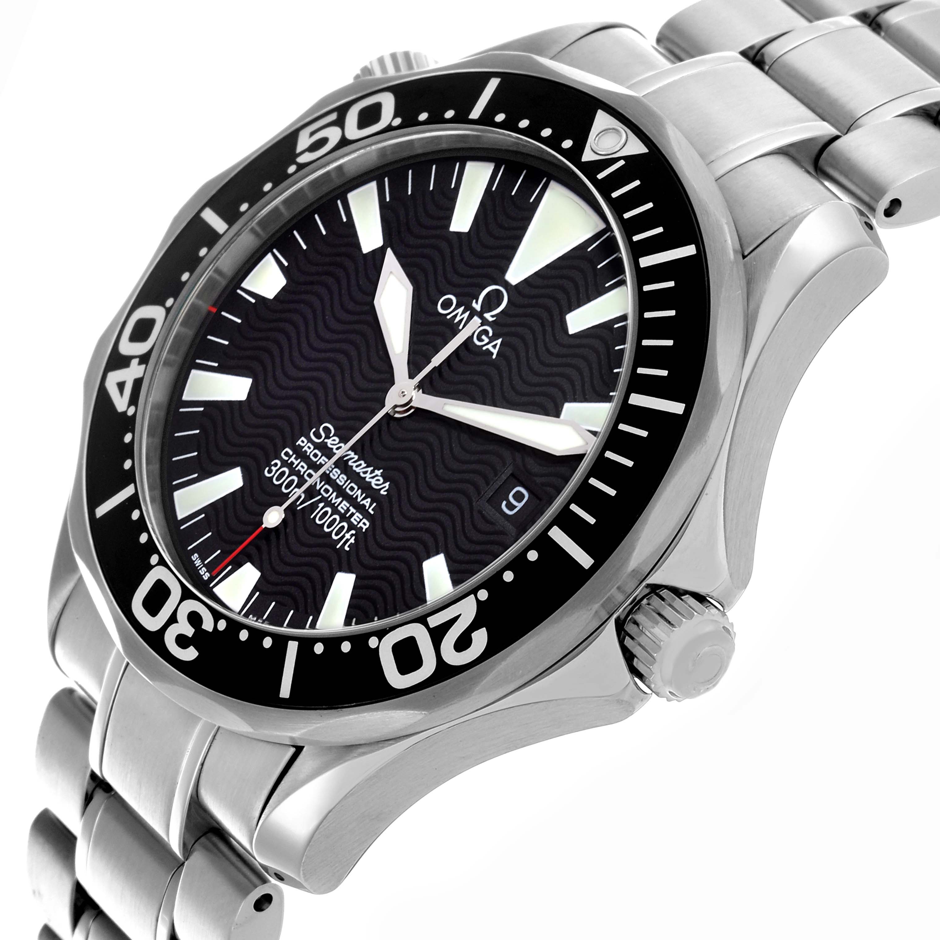 The Omega Seamaster 2254.50.00 Men
s Stainless Steel Black Dial 2254.50.00 Men
s Stainless Steel Black Dial watch is shown at an angle highlighting the face, bezel, crown, and part of the bracelet.