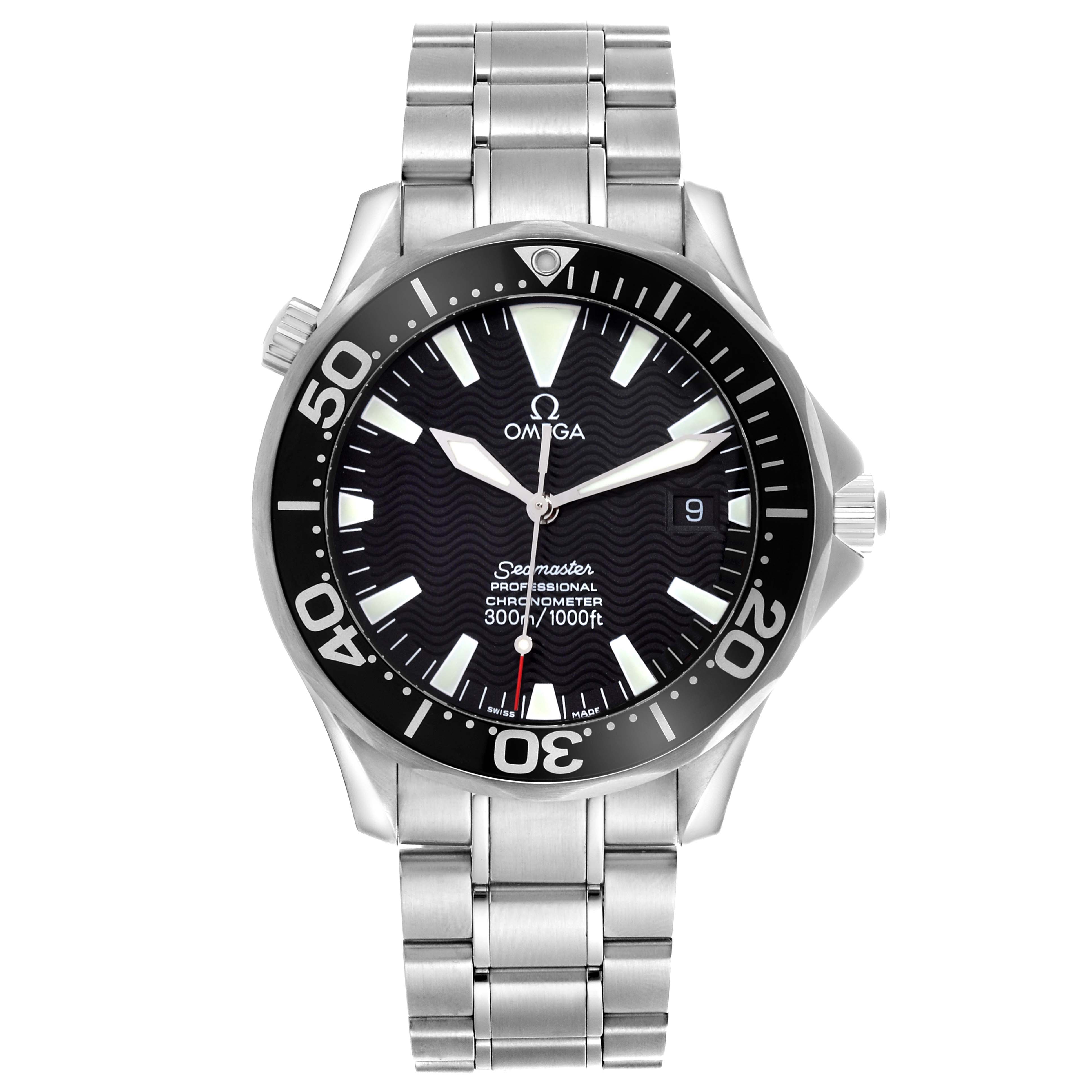 The Omega Seamaster 2254.50.00 Men
s Stainless Steel Black Dial 2254.50.00 Men
s Stainless Steel Black Dial watch is shown from the front, displaying its face, bezel, crown, and stainless steel bracelet.