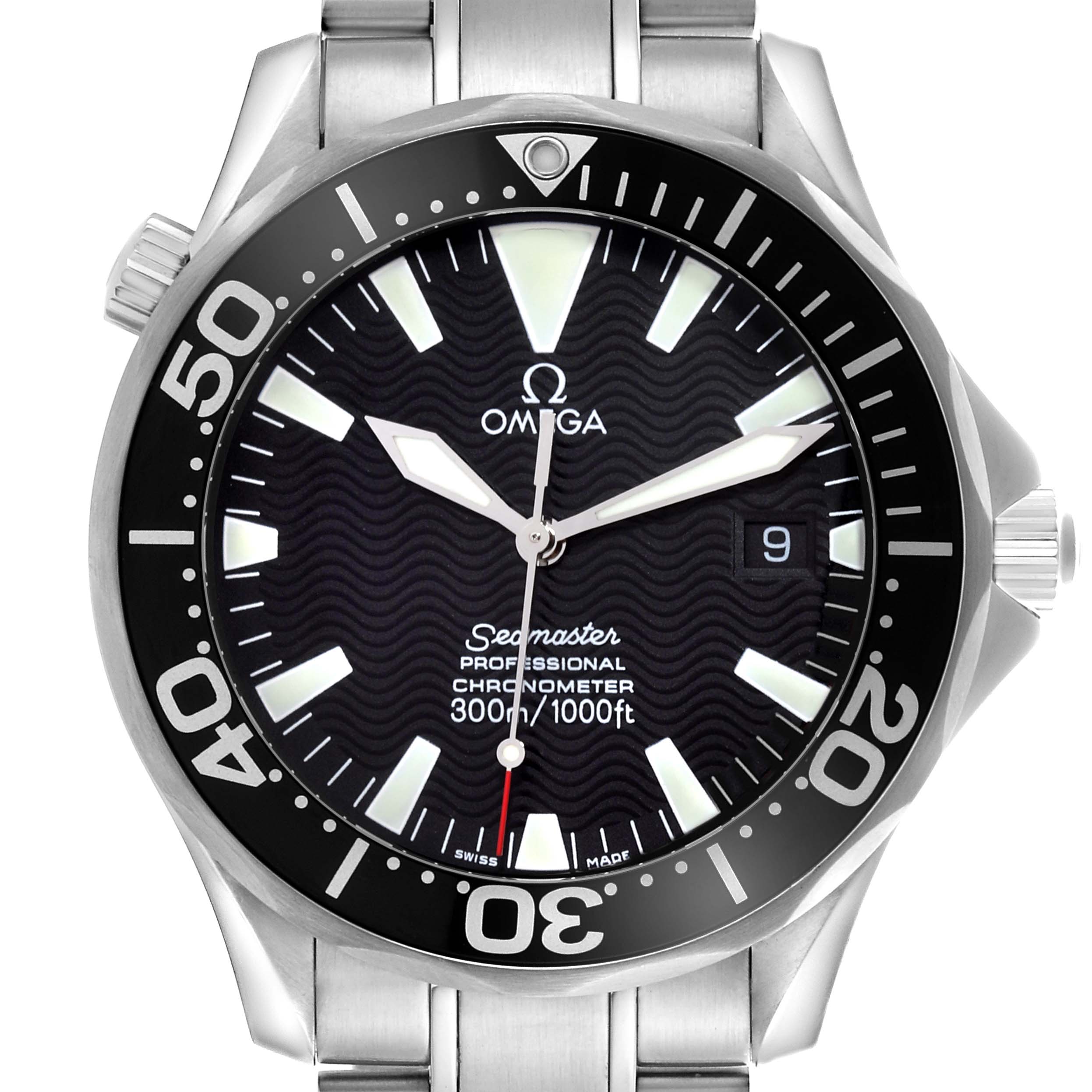 The Omega Seamaster 2254.50.00 Men
s Stainless Steel Black Dial 2254.50.00 Men
s Stainless Steel Black Dial watch is shown from a front angle, highlighting the dial, bezel, and part of the bracelet.