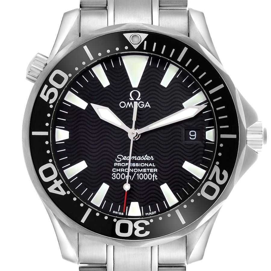 The Omega Seamaster watch is shown from a front angle, highlighting the dial, bezel, and part of the bracelet.