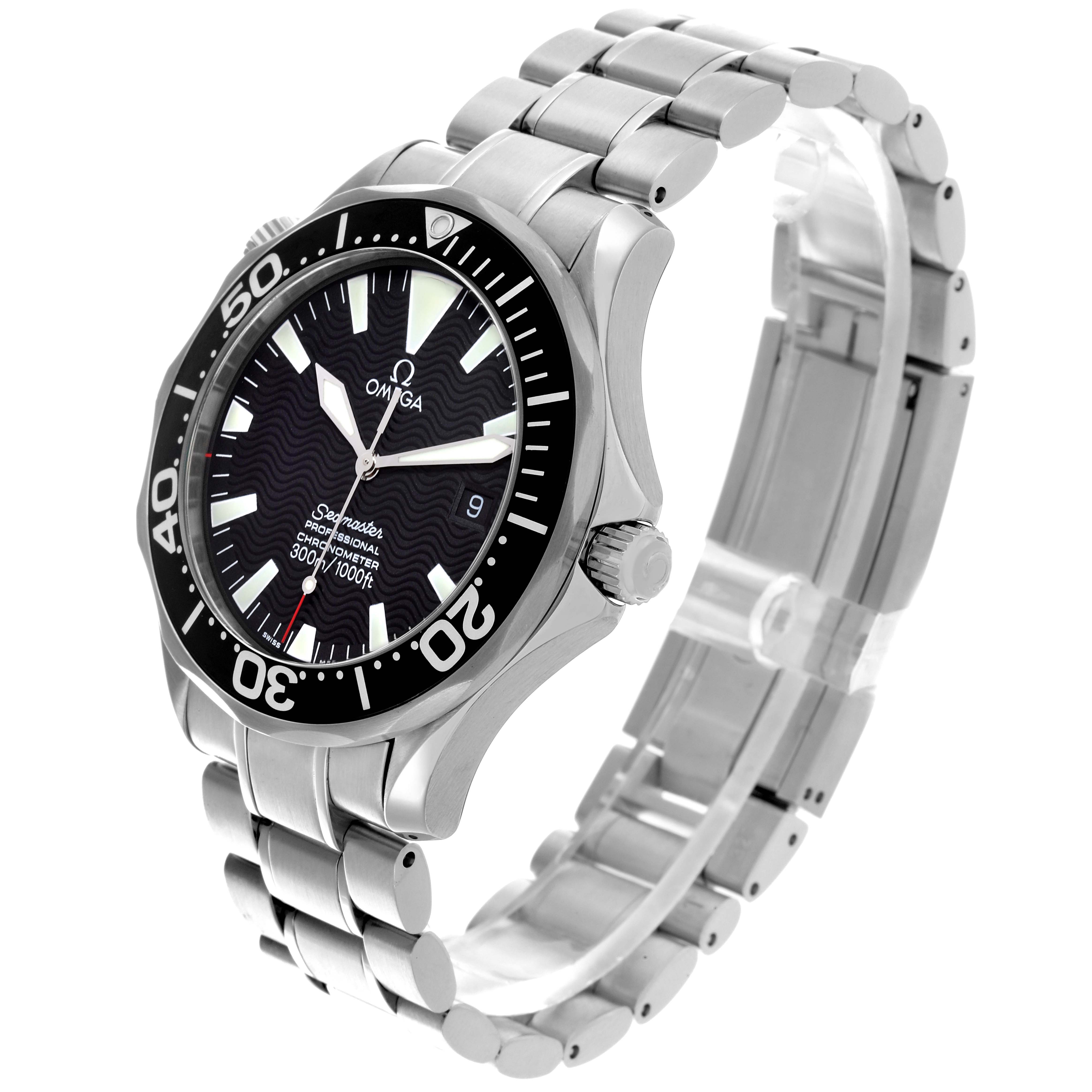 The Omega Seamaster 2254.50.00 Men
s Stainless Steel Black Dial 2254.50.00 Men
s Stainless Steel Black Dial watch is shown at an angled side view, highlighting the bezel, dial, crown, and stainless steel bracelet.
