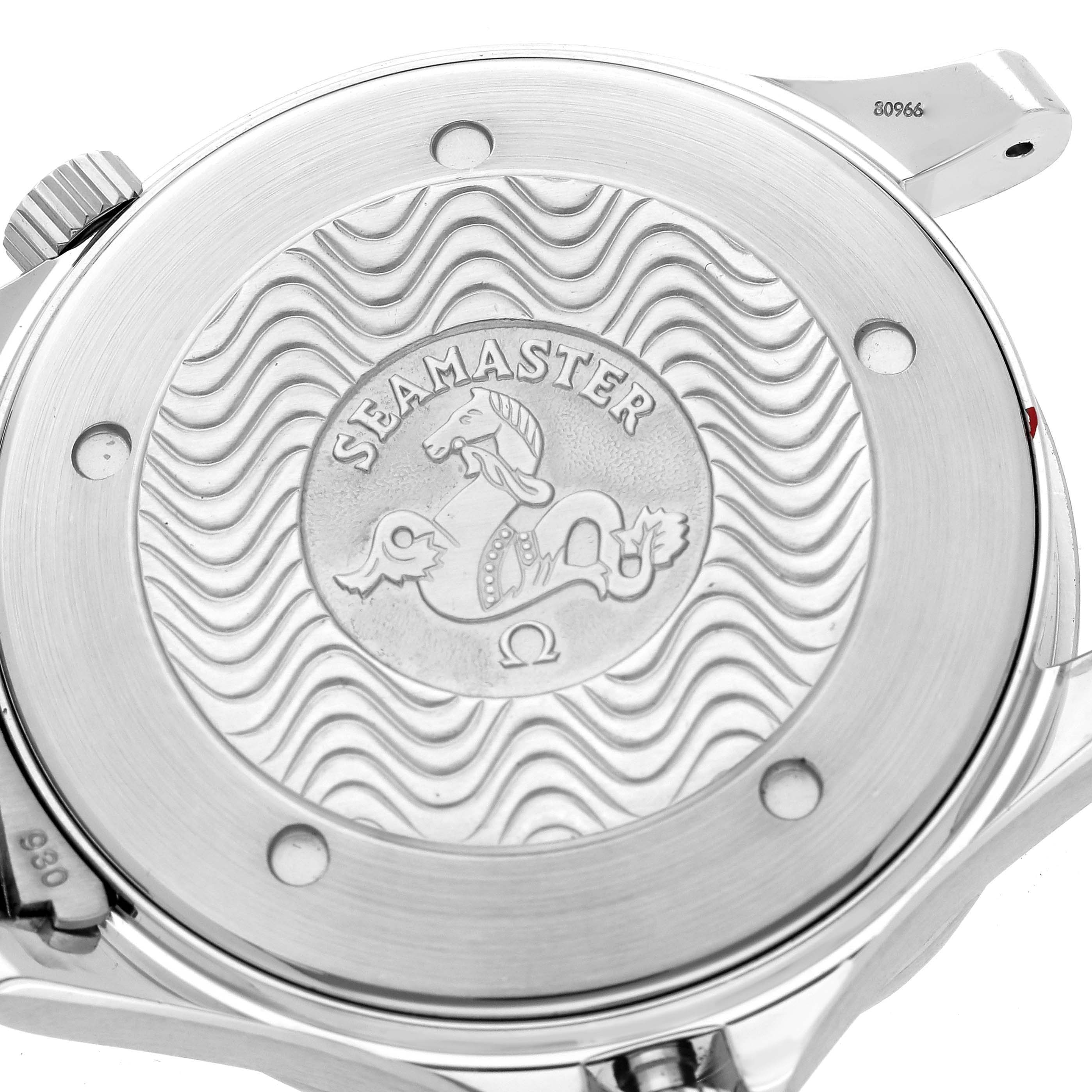 The Omega Seamaster 2254.50.00 Men
s Stainless Steel Black Dial 2254.50.00 Men
s Stainless Steel Black Dial watch is shown from the back, highlighting the case back with its engraved emblem and wavy patterns.