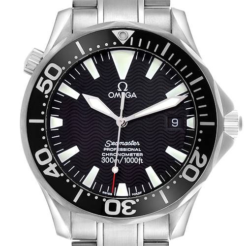 The Omega Seamaster watch is shown in a front view, highlighting the dial, bezel, and part of the bracelet.