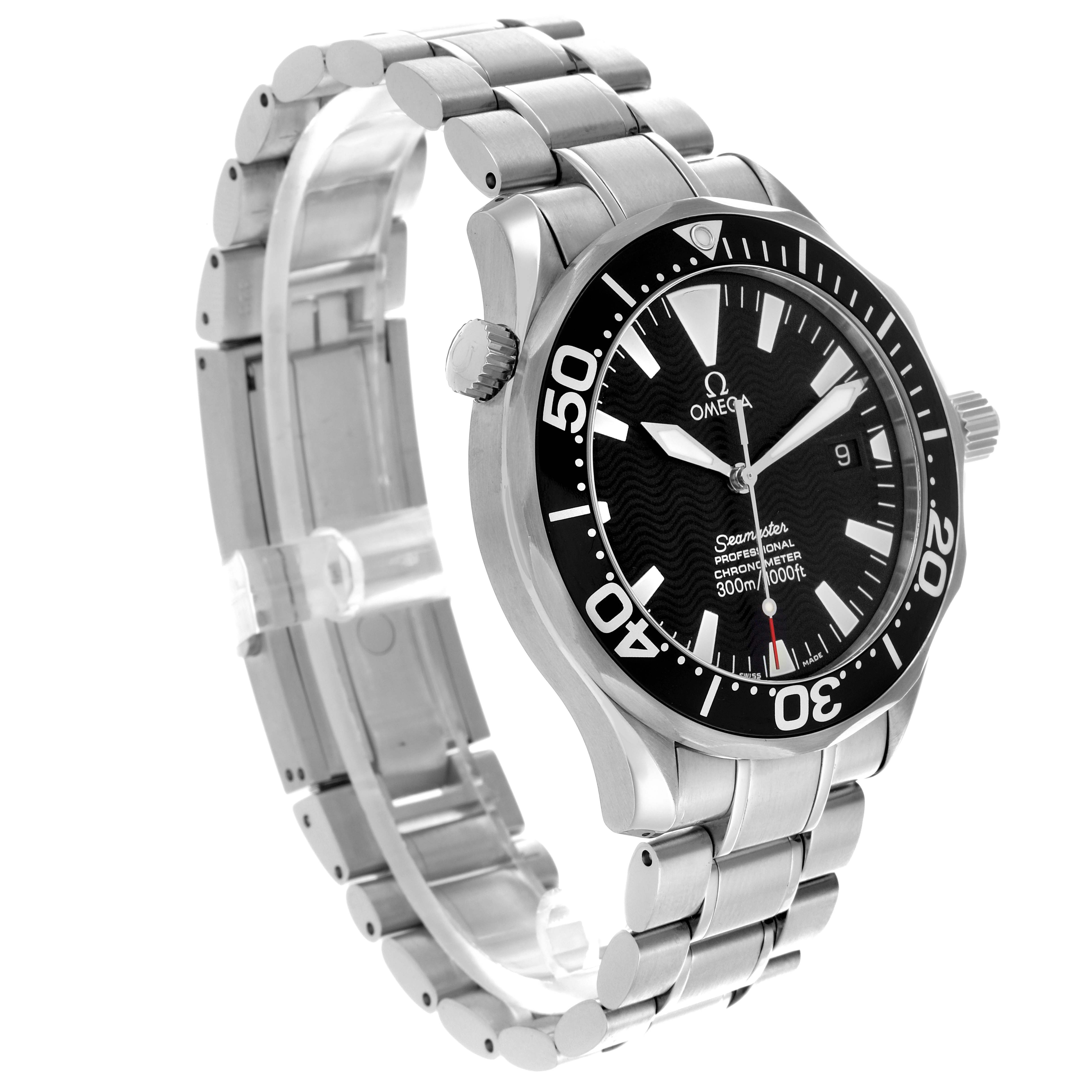 The Omega Seamaster 2254.50.00 Men
s Stainless Steel Black Dial 2254.50.00 Men
s Stainless Steel Black Dial watch is shown at a three-quarter angle, highlighting the face, bezel, crown, and full bracelet.