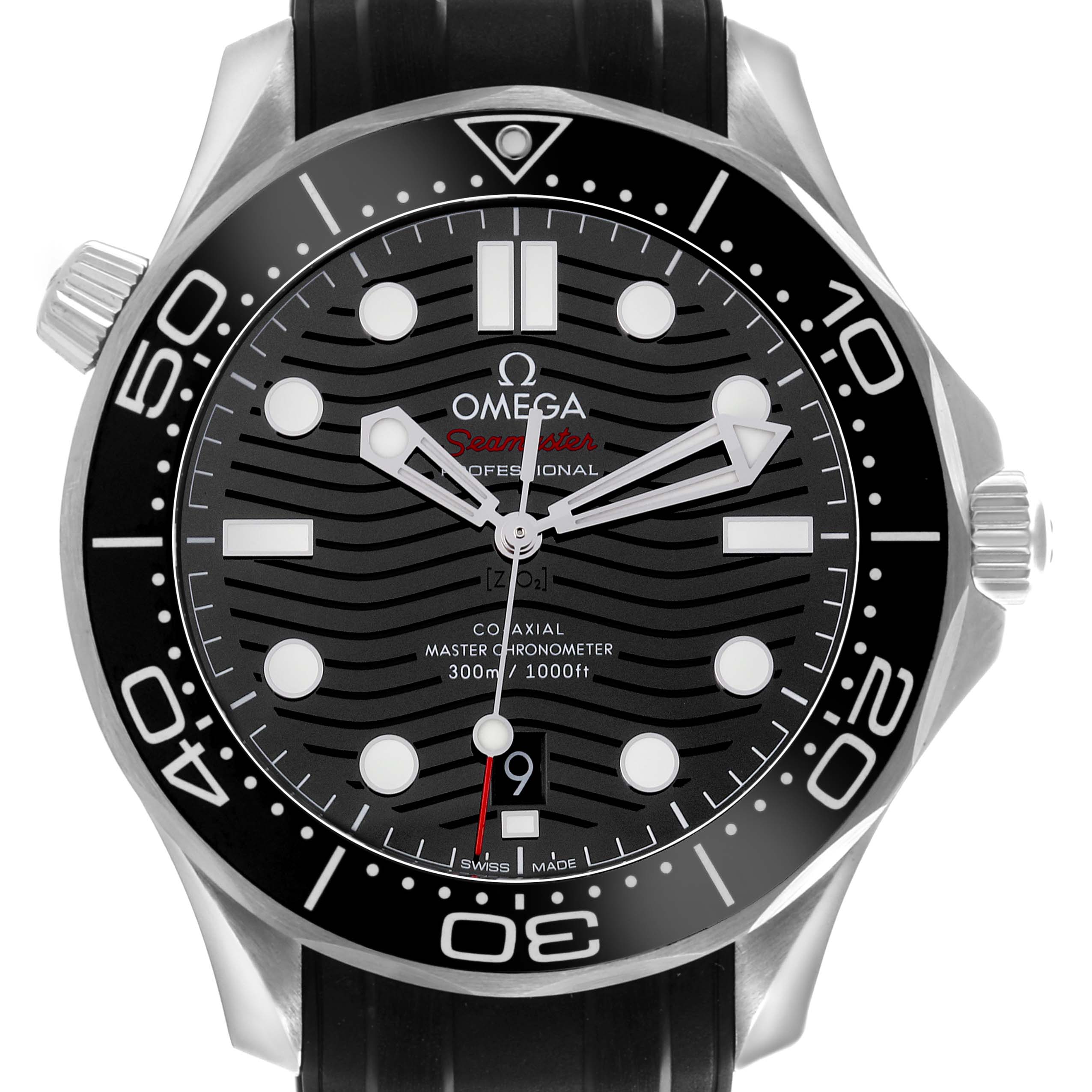 The Omega Seamaster 210.32.42.20.01.001 Men's Stainless Steel Black Dial 210.32.42.20.01.001 Men's Stainless Steel Black Dial watch is shown from a front angle, highlighting the dial, bezel, and crown.