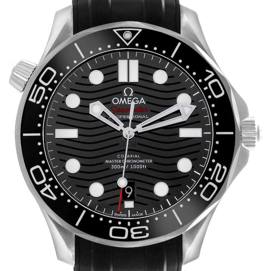 The Omega Seamaster watch is shown from a front angle, highlighting the dial, bezel, and crown.