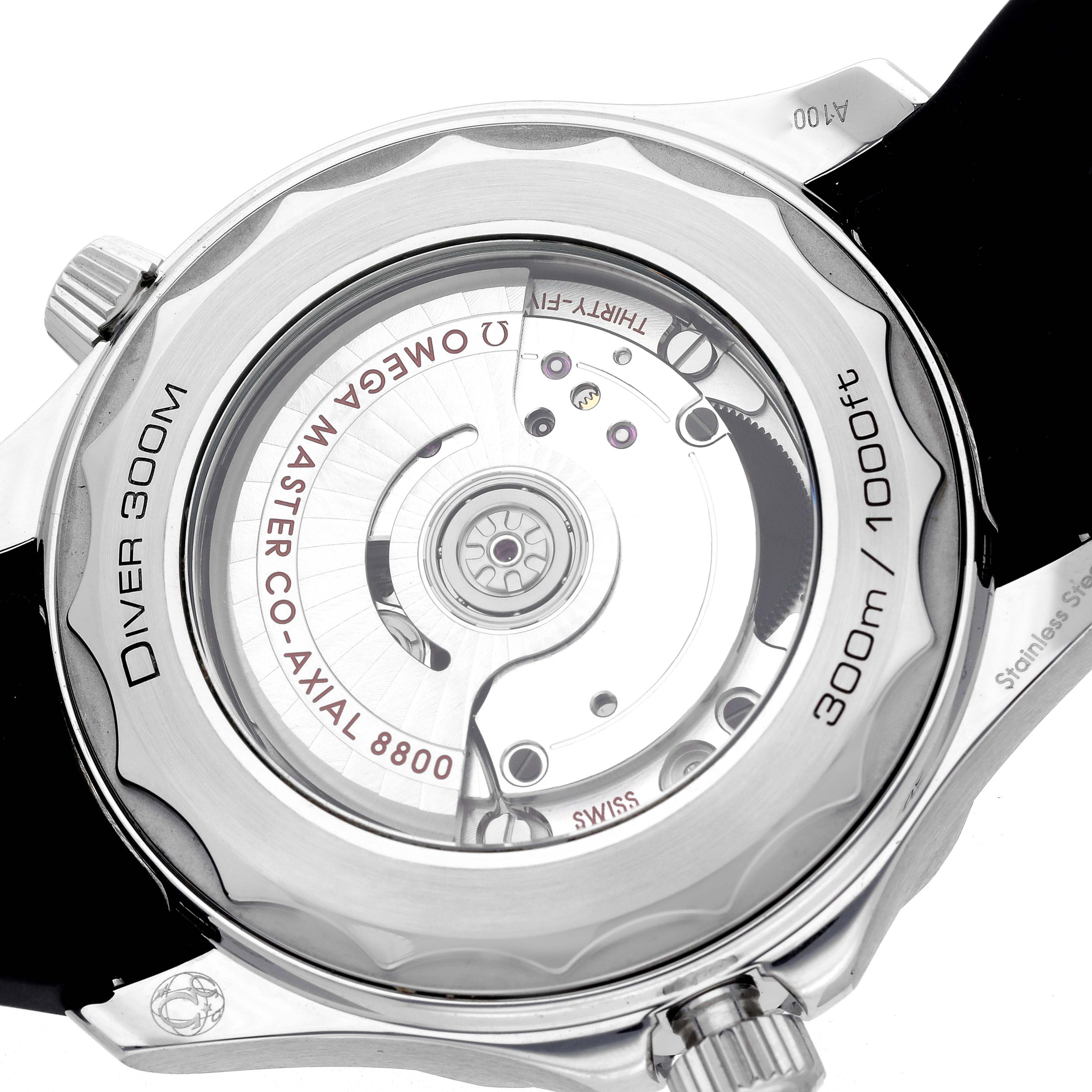 The image shows the back of an Omega Seamaster 210.32.42.20.01.001 Men's Stainless Steel Black Dial 210.32.42.20.01.001 Men's Stainless Steel Black Dial, highlighting the automatic movement and transparent case back.