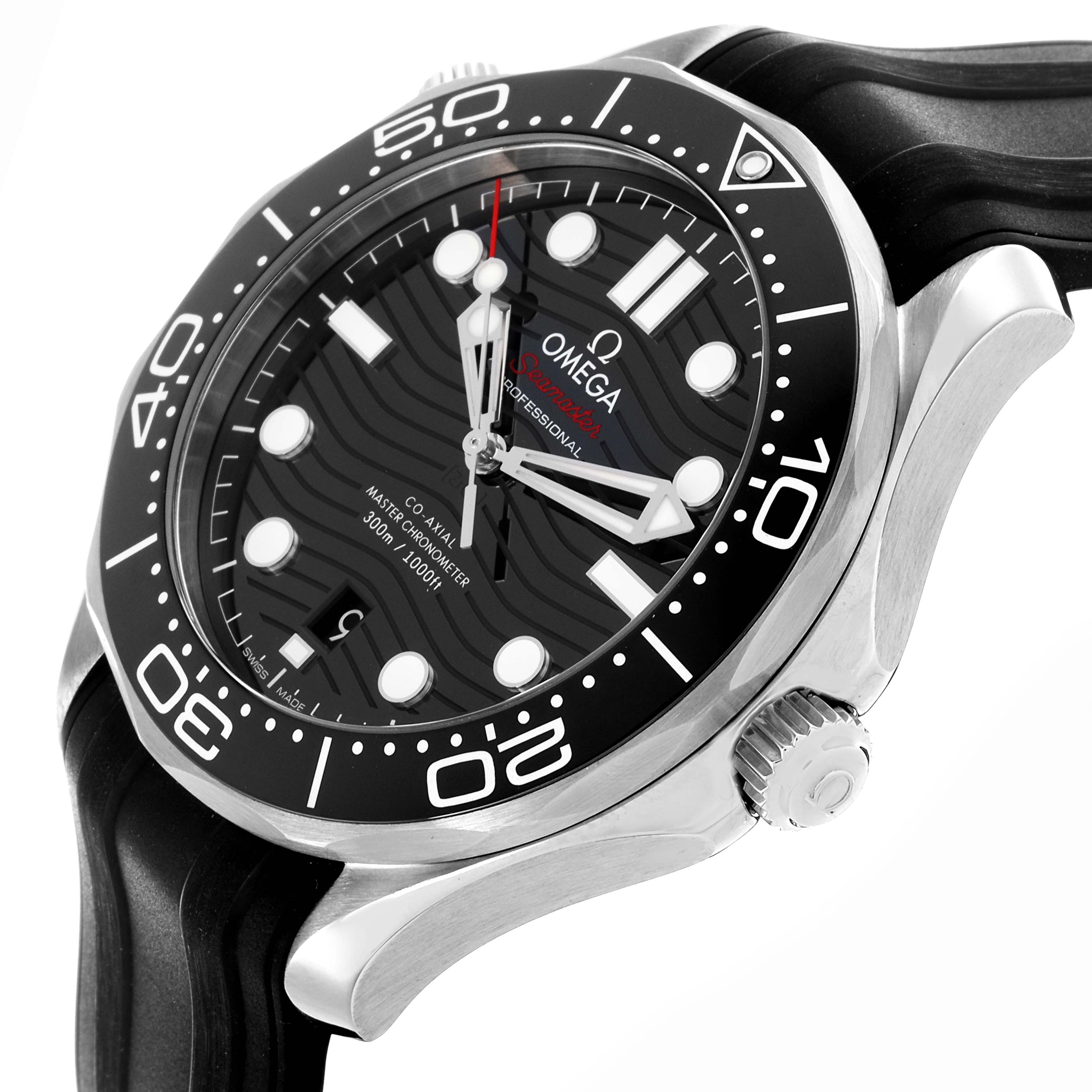 The Omega Seamaster 210.32.42.20.01.001 Men's Stainless Steel Black Dial 210.32.42.20.01.001 Men's Stainless Steel Black Dial watch is shown at an angled side view, highlighting the bezel, crown, and black dial with markers.