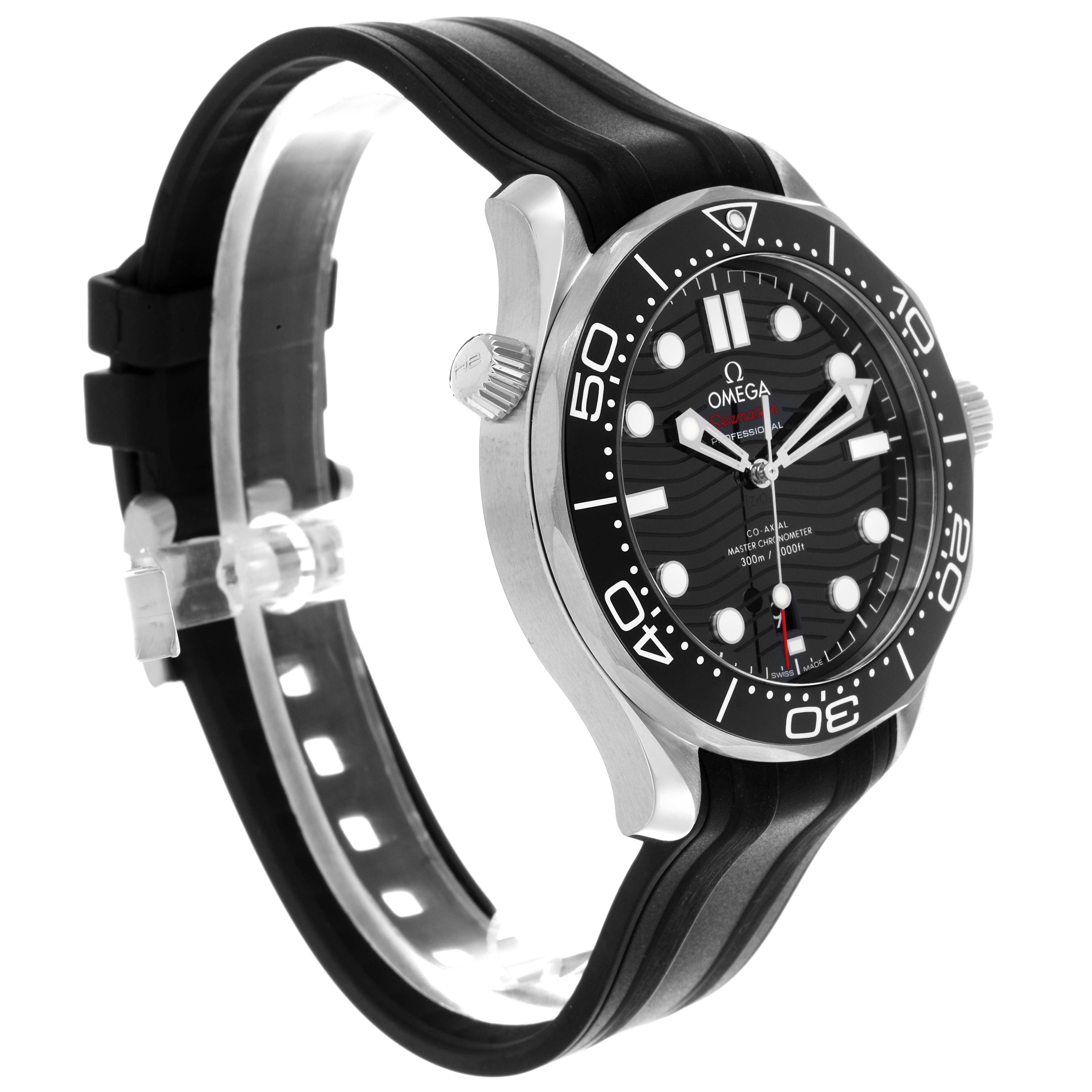 The Omega Seamaster 210.32.42.20.01.001 Men's Stainless Steel Black Dial 210.32.42.20.01.001 Men's Stainless Steel Black Dial watch is shown at a slight angle, displaying its face, bezel, rubber strap, and crown.