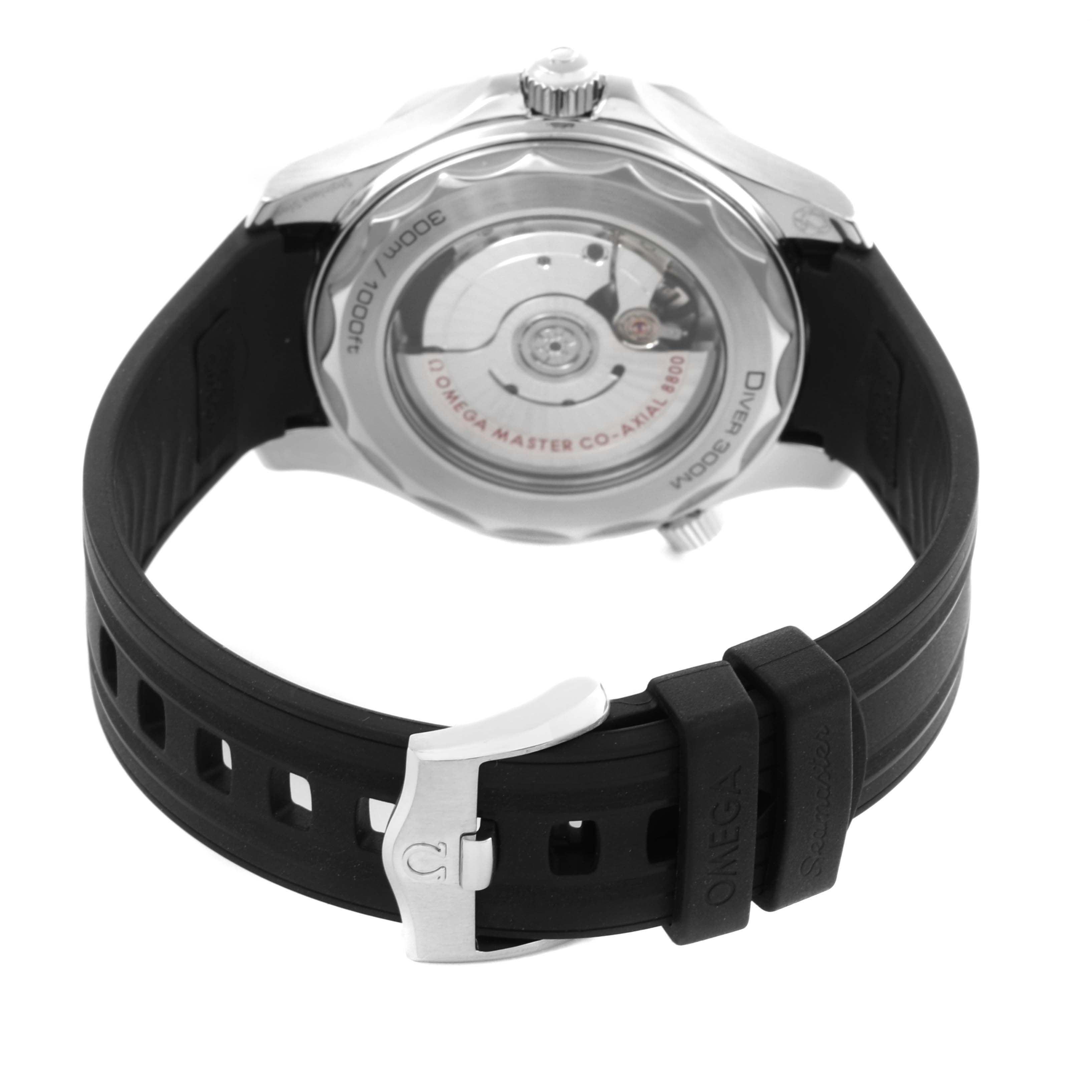 The Omega Seamaster 210.32.42.20.01.001 Men's Stainless Steel Black Dial 210.32.42.20.01.001 Men's Stainless Steel Black Dial is shown from the back, highlighting the transparent case back and black rubber strap.