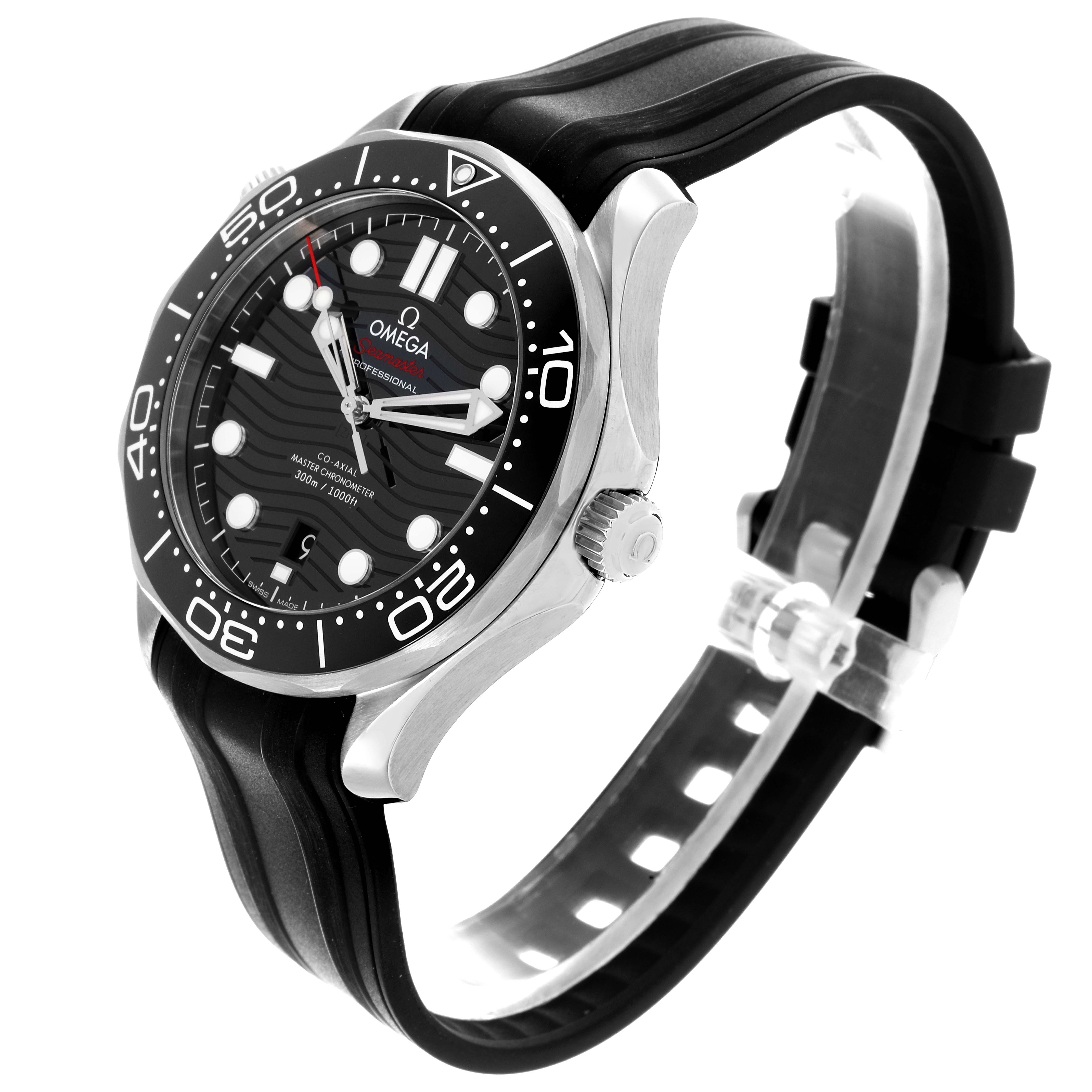 The Omega Seamaster 210.32.42.20.01.001 Men's Stainless Steel Black Dial 210.32.42.20.01.001 Men's Stainless Steel Black Dial watch is shown at a three-quarter angle, highlighting the face, bezel, crown, and rubber strap.